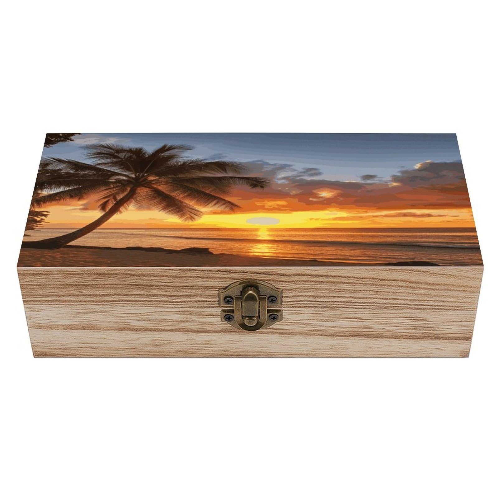 FekiLoot Sunset Hawaiian Palm Tree Wooden Box with Hinged Lid Vintage Storage Box Beautifully Wood Keepsake Boxes Jewellery Organiser & Trinket Holder Unique Gift Ideas for Men & Women
