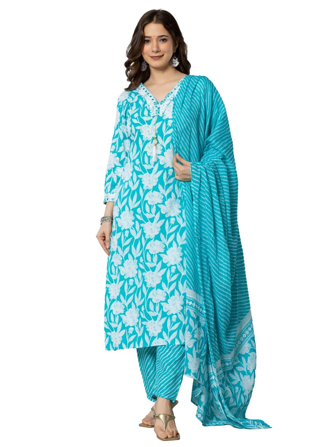 Rytras Women's Pure Cotton Printed Straight Kurta Set With Palazzo Pants & Dupatta- Ethnic Wear, Turquoise(Ryt587,S)