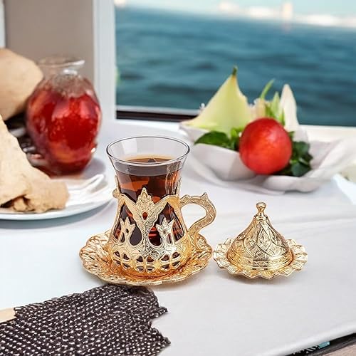 Miniatura 4 de Alisveristime Juego de 6 vasos de té turco hechos a mano con platillo de agua Zamzam (dorado)