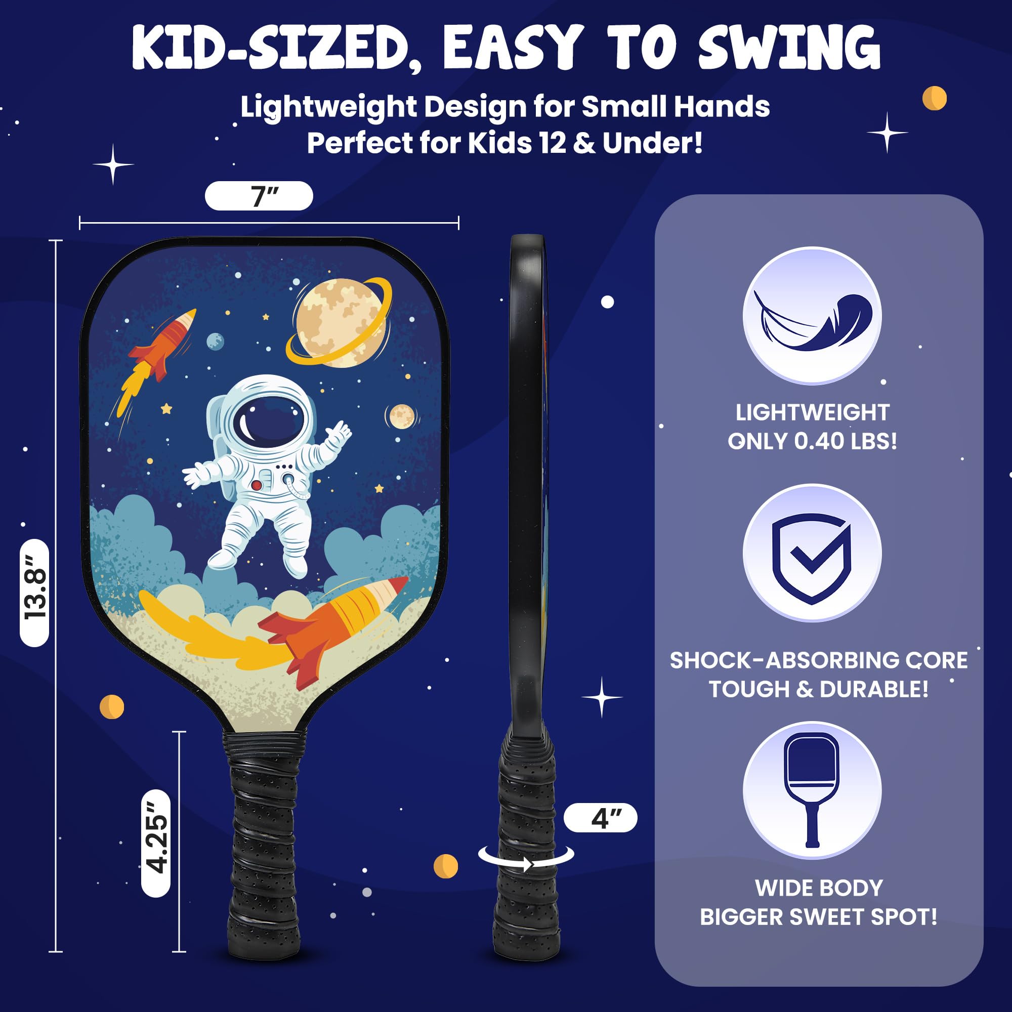 Kids Pickleball Paddle - Astronaut & Galaxy Design | Lightweight Fiberglass Paddle for Children Under 12 (Only 0.37 lbs) | Small, Comfortable Grip | Junior Youth Paddle for Boys & Girls