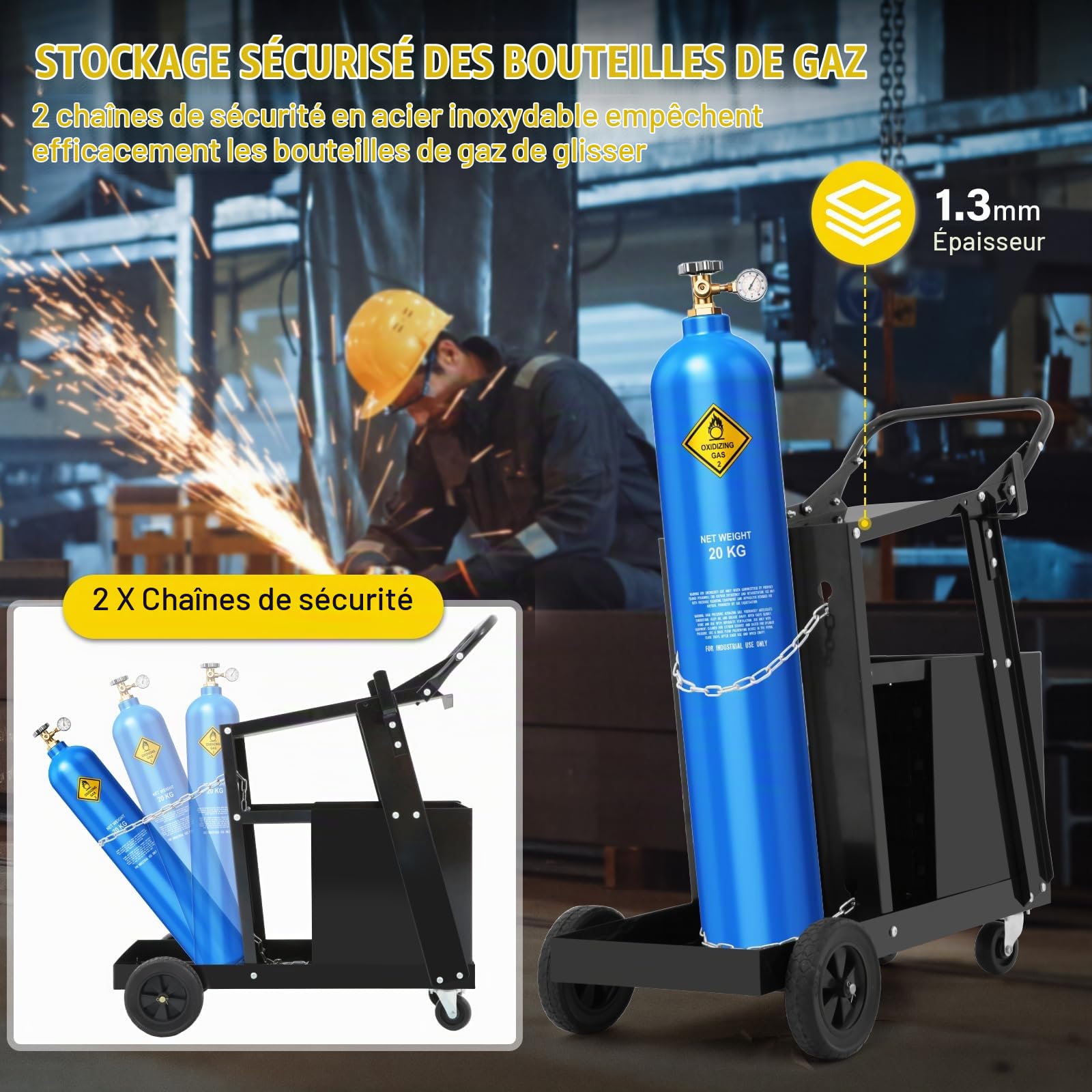 Chariot de soudage 2 étagères avec 4 tiroirs - Max 111 kg, 2 porte-bouteilles de gaz avec chaînes de sécurité, roulettes pivotantes à 360°, idéal pour soudage MIG/MAG, TIG et soudage à l'électrode