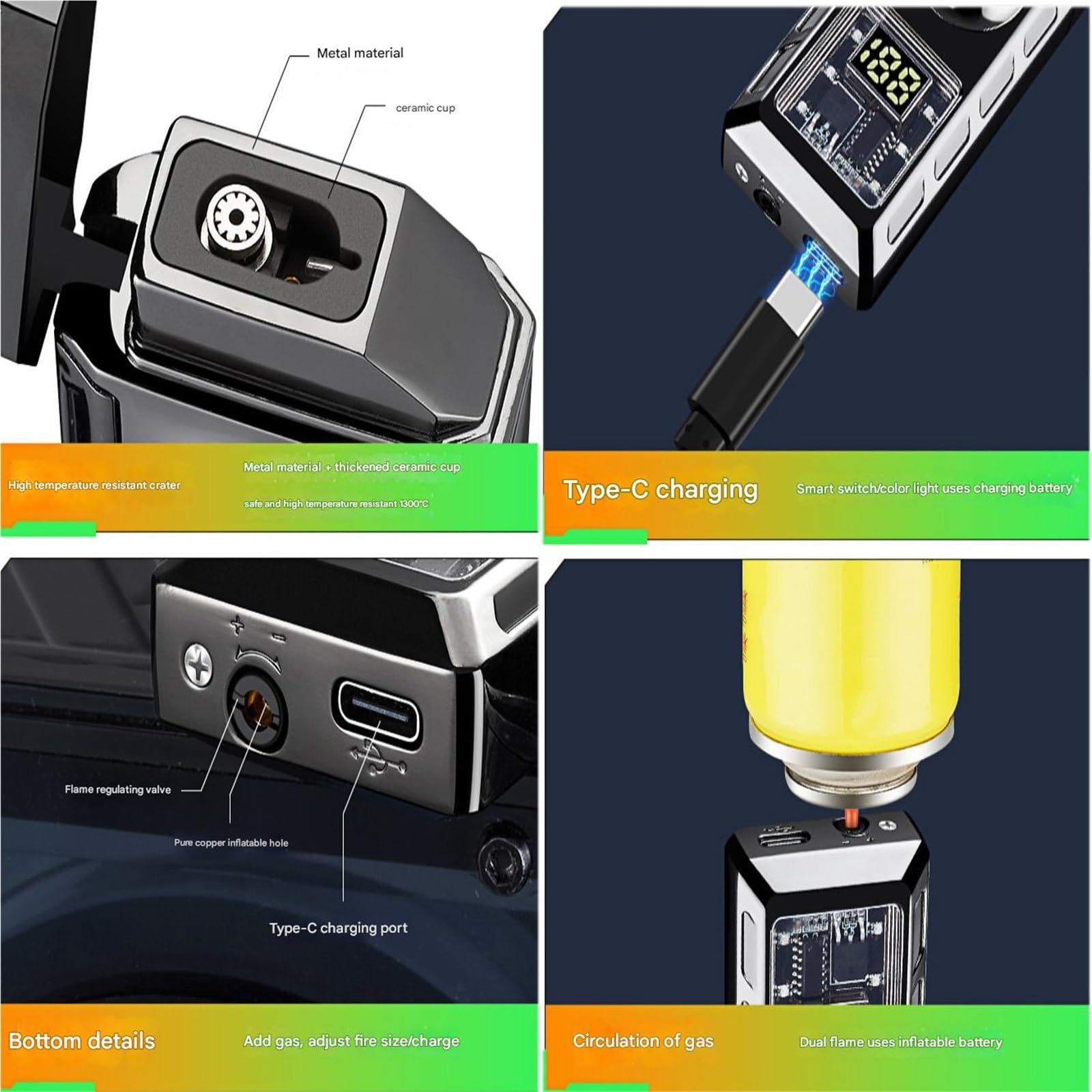 Briquet double flamme coupe-vent Jet & flamme douce rechargeable Butane Flamme réglable Affichage LED Parfait pour camping, barbecue, utilisation en extérieur, interrupteur de sécurité