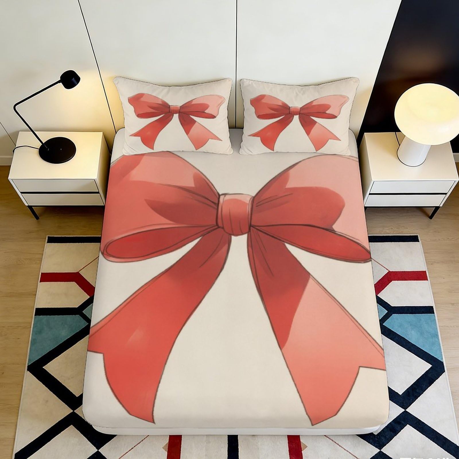 Pnayamiorkfel Style-9 3D Printed Red Ribbon Bow Fitted Sheet Microfiber Soft Non Slip Bed Cover For Bedroom Guest Room Decor 90X200x25cm