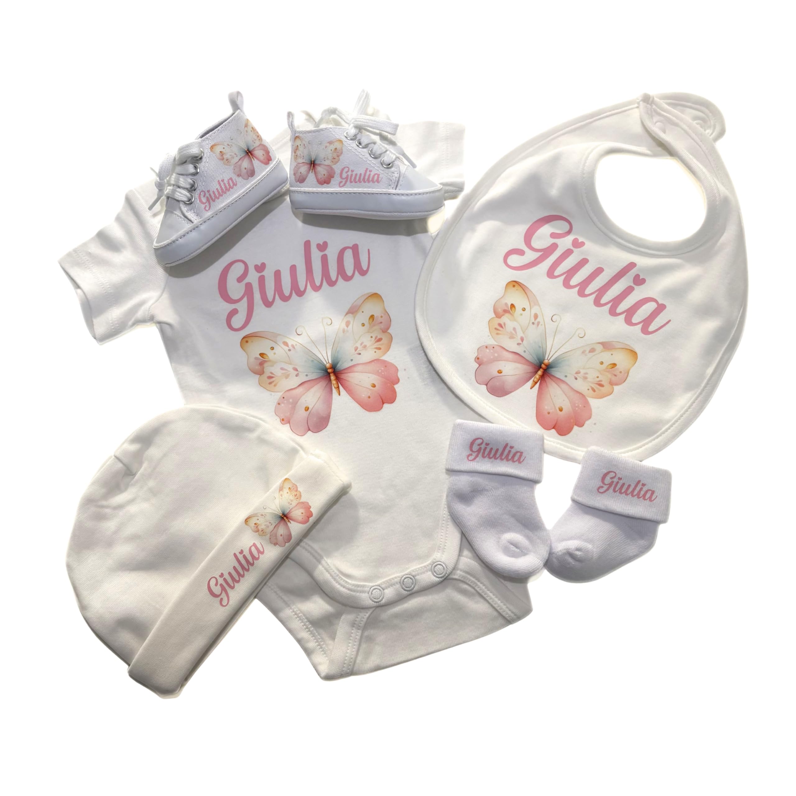 Set Nascita Neonato Personalizzato 5 Pezzi in Cotone con Nome – Body, Bavaglino, Cappellino, Calzini e Scarpette – Corredino Neonato Bambino Bambina – Idea Regalo, Baby Shower