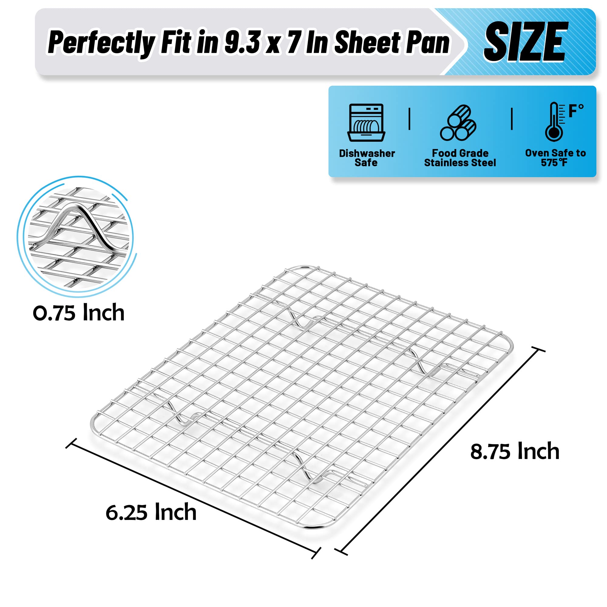 TeamFar Mini Cooling Rack Set of 2, Stainless Steel 8.75’’ x 6.25’’ Toaster Oven Grid Rack for Baking Roasting Broiling Grilling, Bakeable Rack for Cookies, Non-Toxic & Heavy Duty, Dishwasher Safe