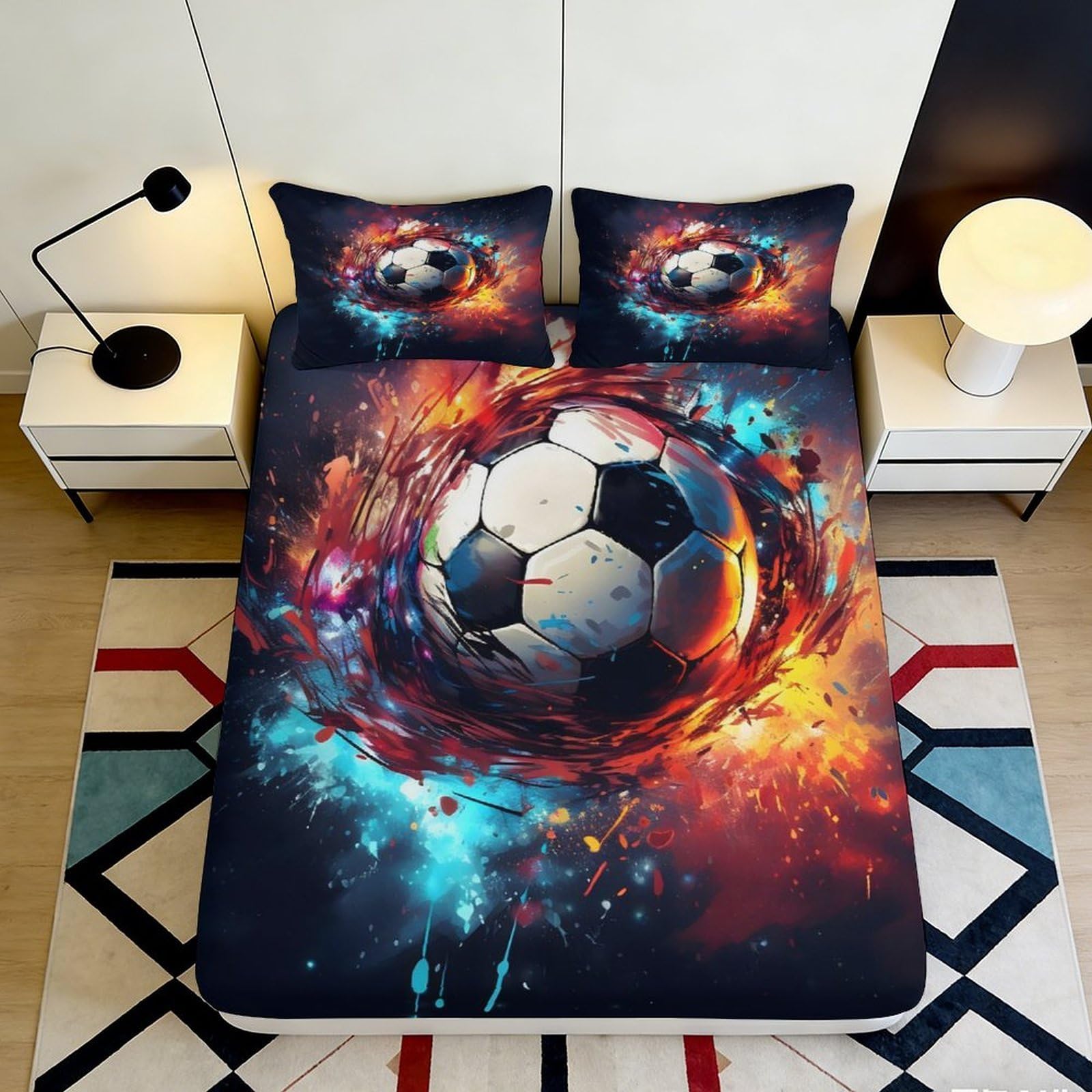 3D Printed Fire Soccer Fitted Sheet Microfiber Vibrant Splash Bed Cover for Bedroom Guest Room Decor Machine Washable 90x200x25cm