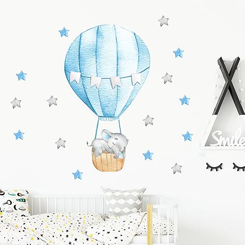 Calcomanías de pared con diseño de elefante, globo aerostático, estrellas y estrellas dormidas, vinilo extraíble para niños, bebés, niños,