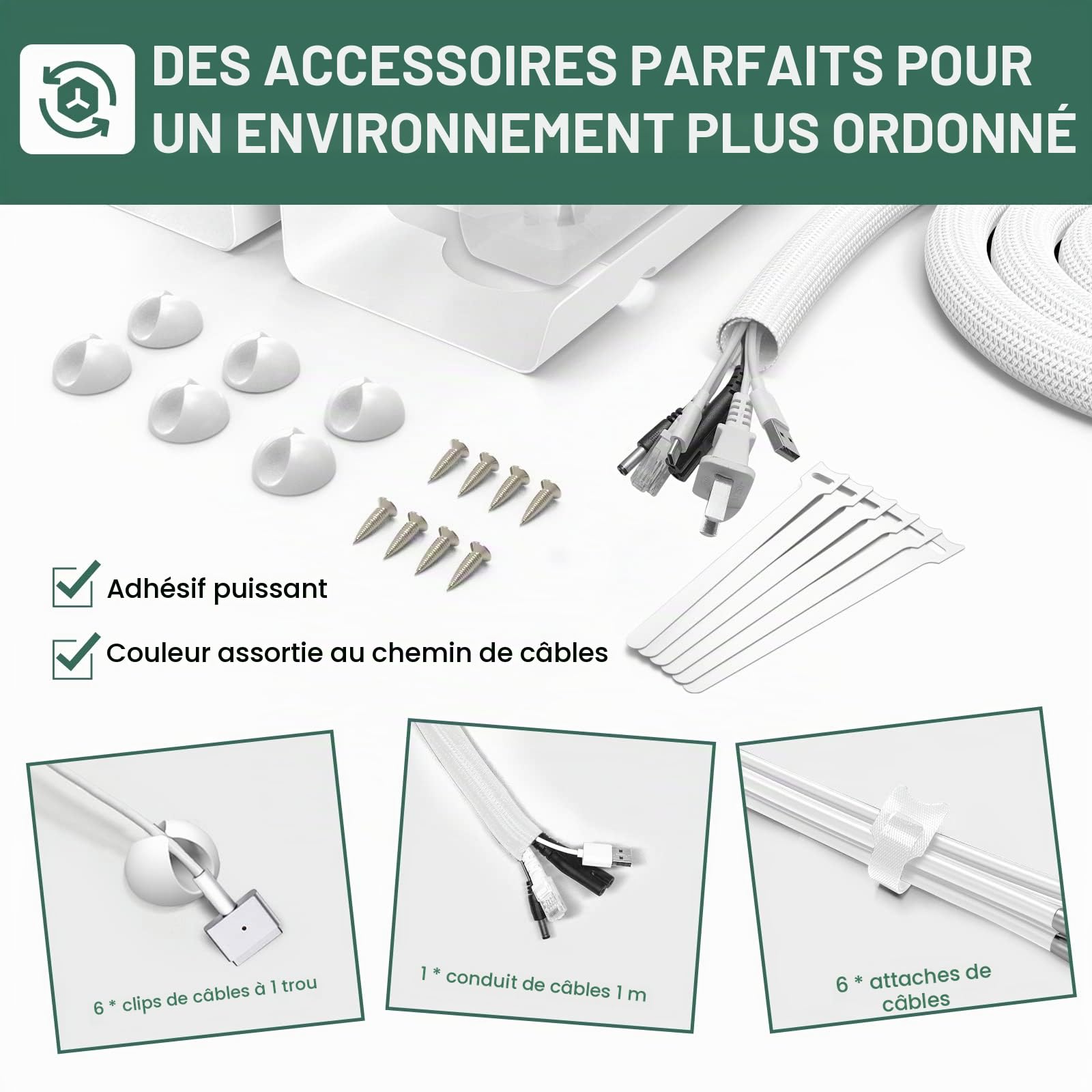 Goulotte de câbles de bureau - Lot de 2 - Gestion des câbles de bureau sans perçage - 43 cm Support de câbles Goulotte de câbles Table avec accessoires - Passe-câbles pour l'ordre sur le lieu