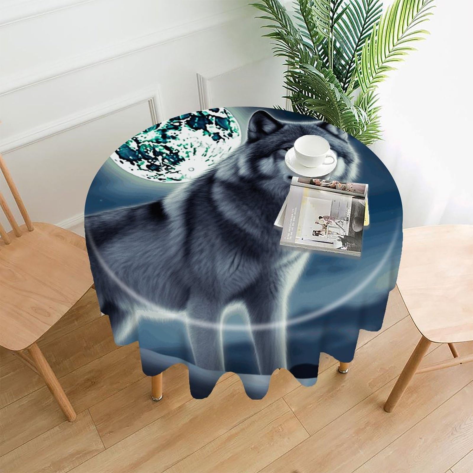 VstaDank Wolf Under Moon Table Cloth Fashions Washable Round Tablecloth Decorative Table Cover Comfortable Straight Edge Tablecover for Dining Kitchen Party Outdoor 60 Inch