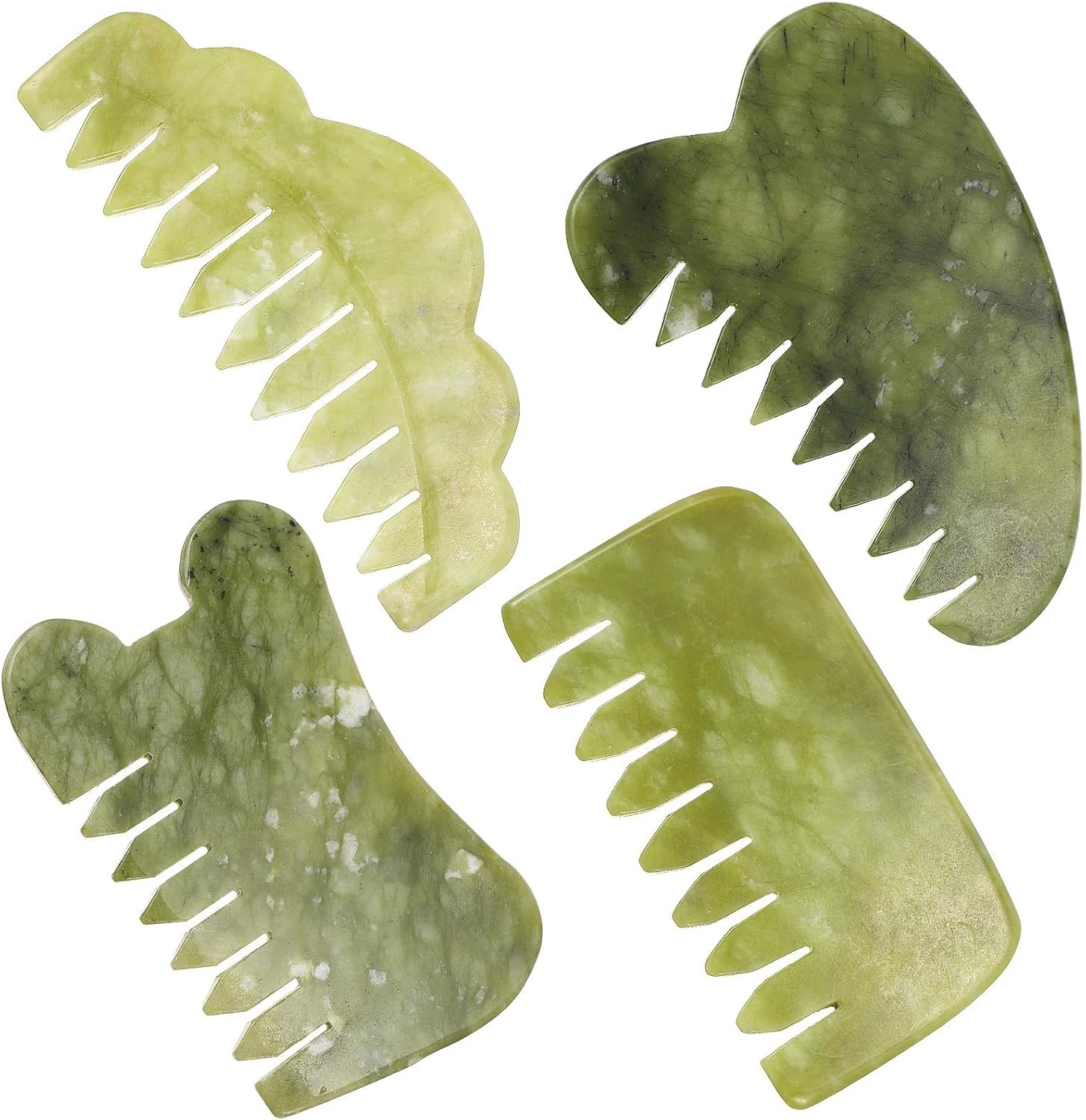 Jade Gua Sha Comb Set 4 Pieces Natural Jade and Obsidian Scalp Massagers for Facial and Body Meridian Therapy Relaxation Home Use
