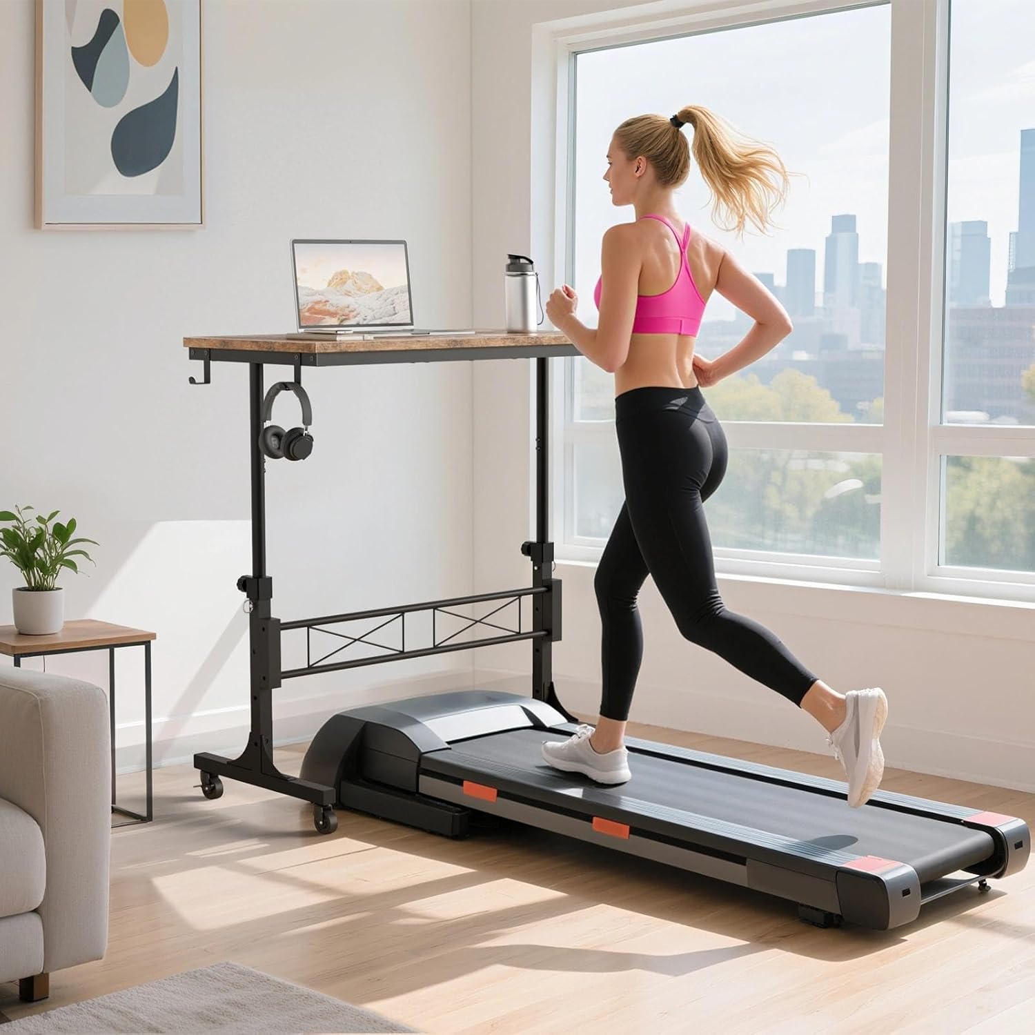 small portable rolling standing desk - 32 inch adjustable height mobile stand up desks with wheels for treadmill walking pad, teacher podium for classroom, couch sofa side laptop table, rustic brown 31.5“ brown