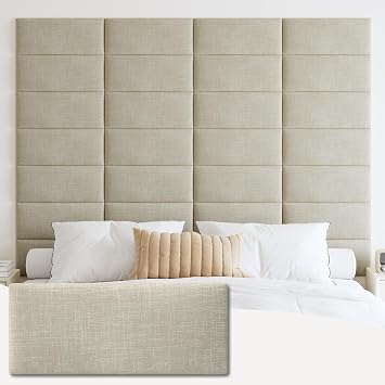IFNOW Upholstered Wall Mounted Headboard, 3D Soundproof Wall Panels Peel and Stick for Queen Size, Reusable and Removable Tufted Bed Headboard in Beige 9 Panels, 10" x 24"