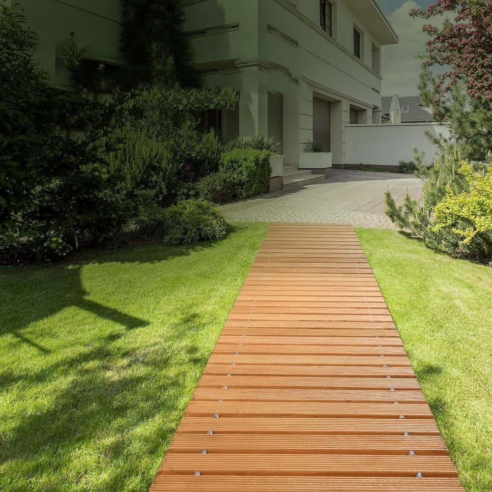 Camino de jardín resistente a la intemperie, cubierta enrollable con piedras decorativas de escalón, superficie de madera dura duradera para pasarela al aire libre, ideal para césped y eventos