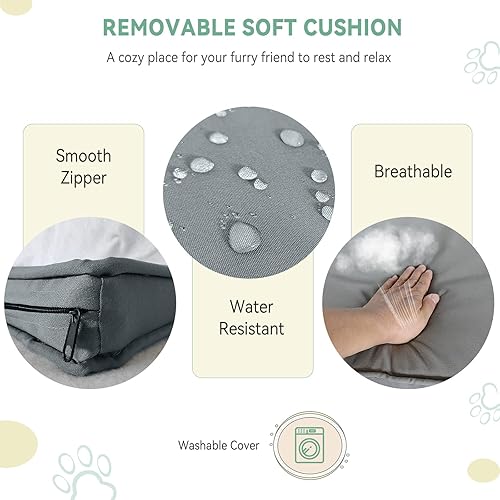 Vista 5 de Lyromix Casa de mimbre para perros con toldo, cama elevada de ratán para exteriores de 32 pulgadas con cojín suave resistente al agua, refugio