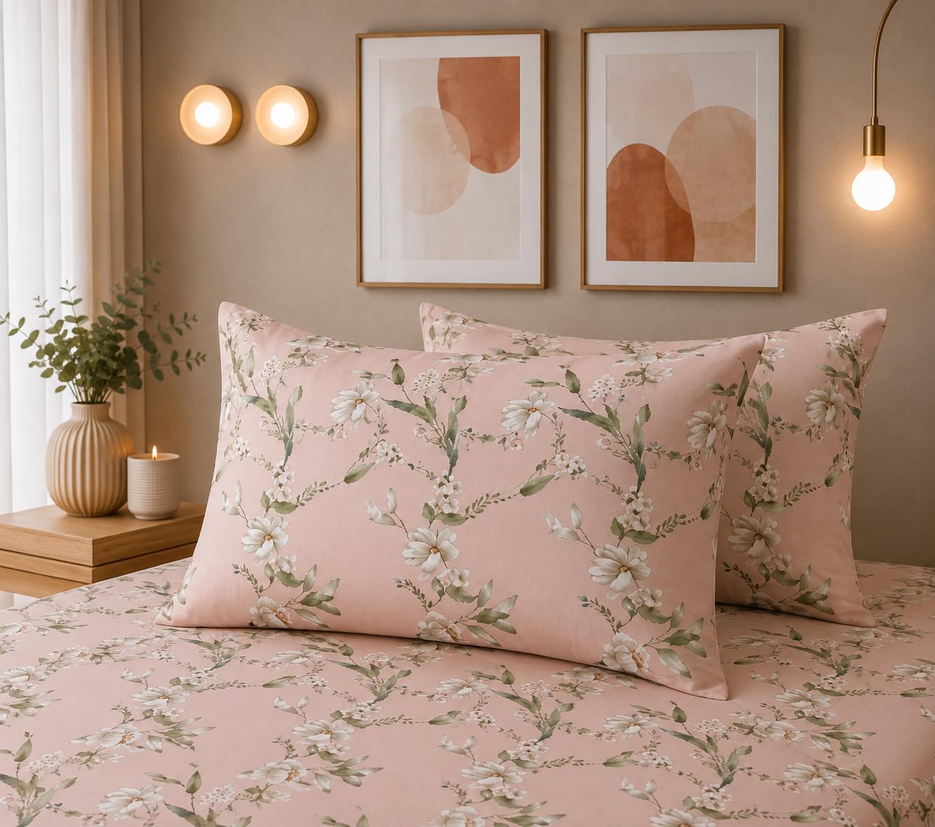 THE HOME STYLE Super Soft Glace Cotton King Size Printed Pillow Covers ll Pillow Cases ll Set of 2 Piece- 18"x 28" Inches (Cherry Blossom)