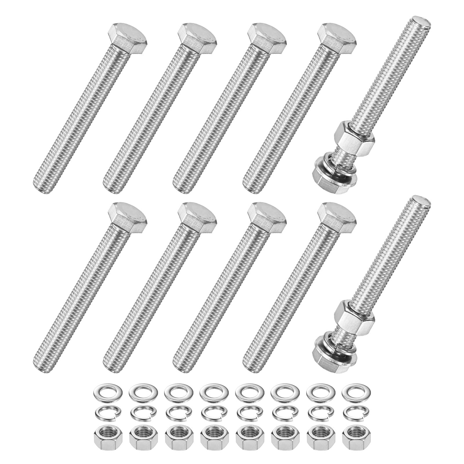 M METERXITY 10-Pack Hex Head Screw Bolt with Nuts Flat & Lock Washers M12x90mm Stainless Steel Bolts and Nuts Kit Fully Threaded Metric Bolt Assortment for Equipment/Machinery