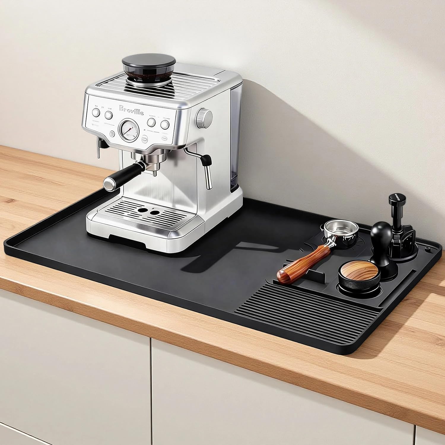 Coffee Machine Mat with Detachable Coffee Tamper Mat, 2 in 1 Silicone Coffee Mat 40 x 60cm, Heat Resistant Non-Slip Counter Protector for Espresso Machine, Dish Drying, Coffee Bar Accessories