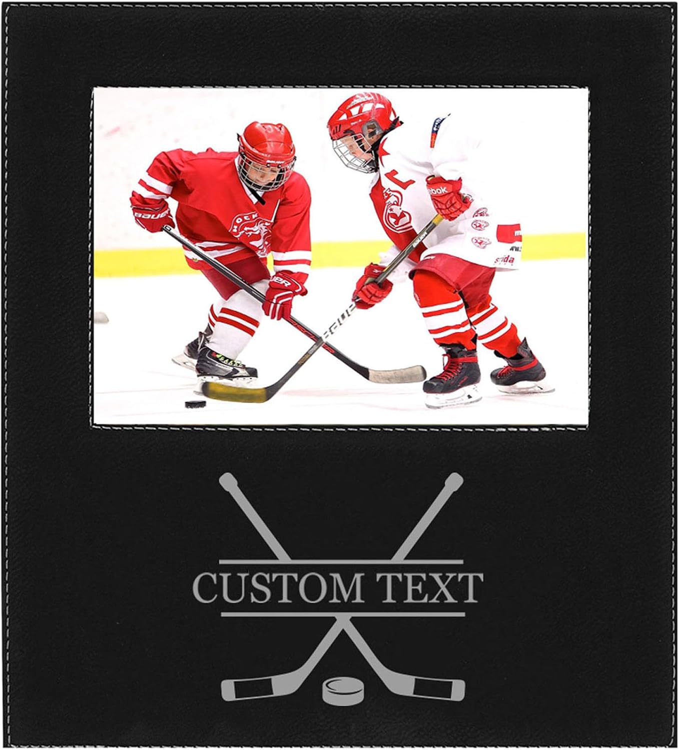 Add Your Name Crossed Hockey Sticks Faux Leather Black Leatherette Personalized Group Picture Family 5x7 Custom Portrait Vertical Kid's Photo Customized Frame