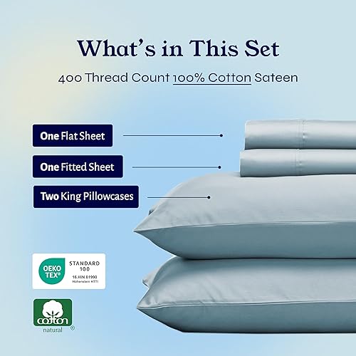 Vista 110 de Juego de sábanas de 400 hilos y 6 piezas, tamaño King, con 4 fundas de almohada, ropa de cama de 100 % algodón con tejido satinado, color azul 12
