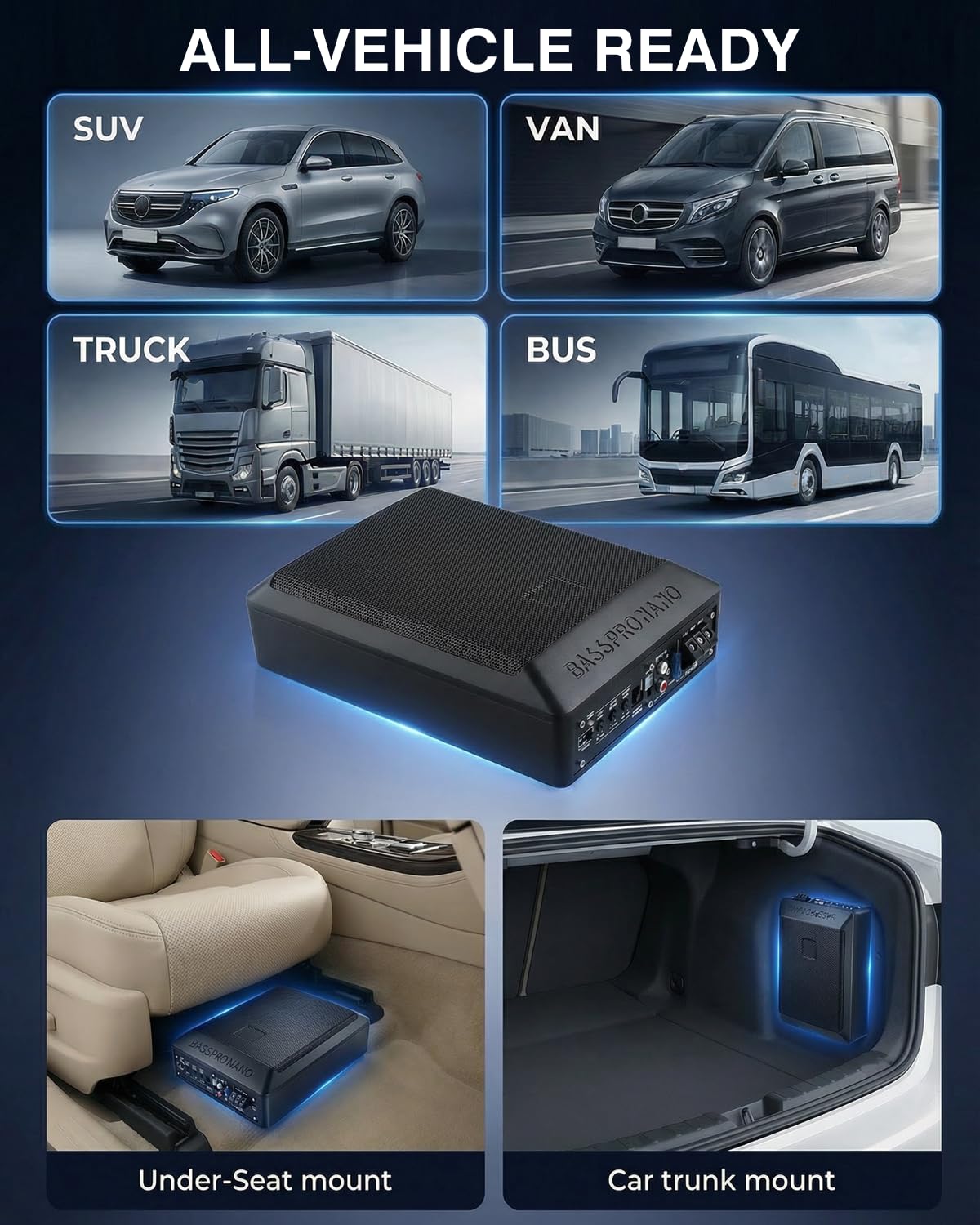 Caisson de Basse pour Voiture, Subwoofer Alimenté sous Le siège Ultra, Puissance Maximale de 1000W, Amplificateur Audio Intégré, Son Surround Stéréo, Subwoofer Compact de 10 Pouces, Noir