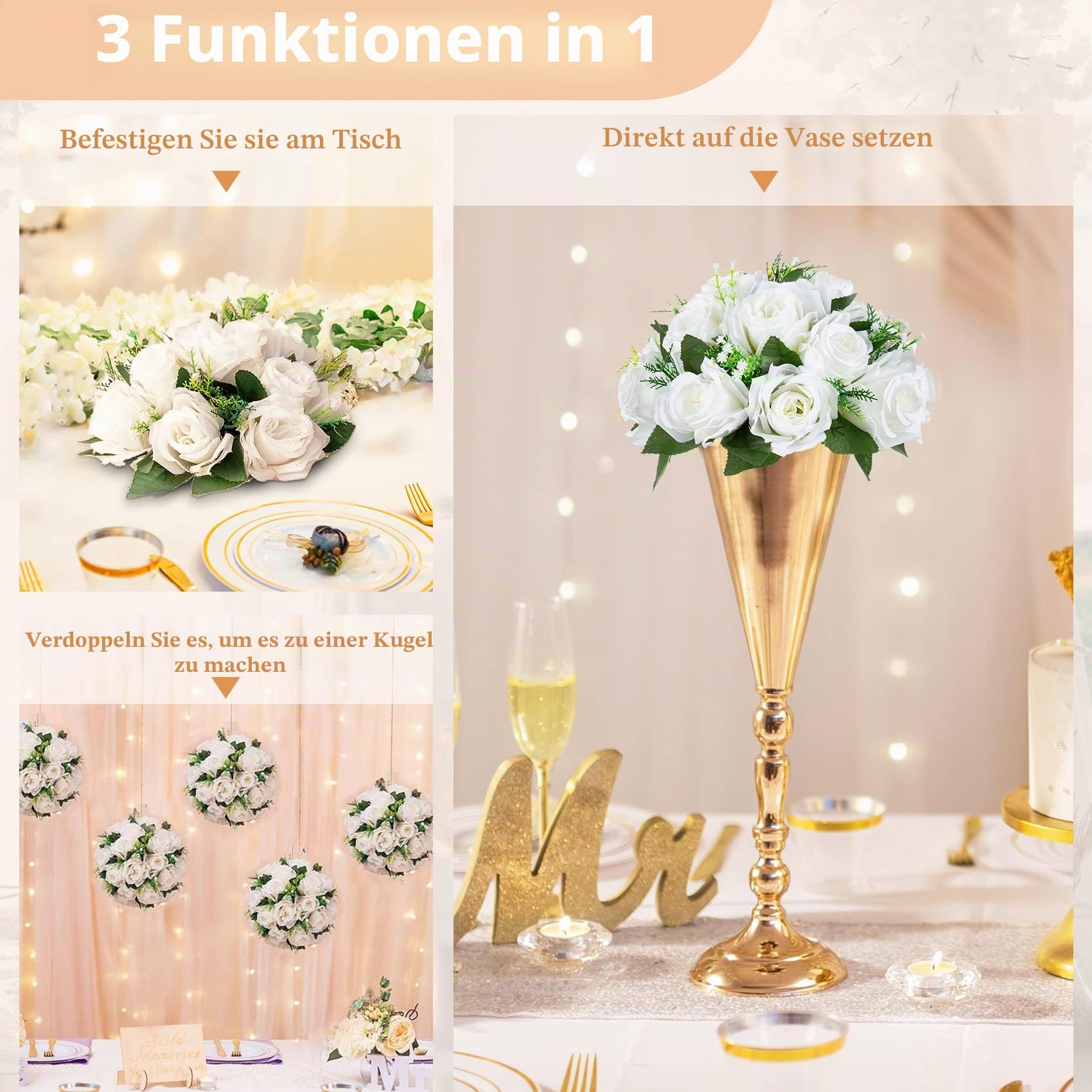 NUPTIO 6 Stück Künstliche Blumenstrauß, 15 Köpfe Kunststoff Rosen mit Sockel, Geeignet für Unser Geschäft Hochzeit Herzstück Blumenregal für Parteien Valentinstag Dekoration(Reines Weiß)