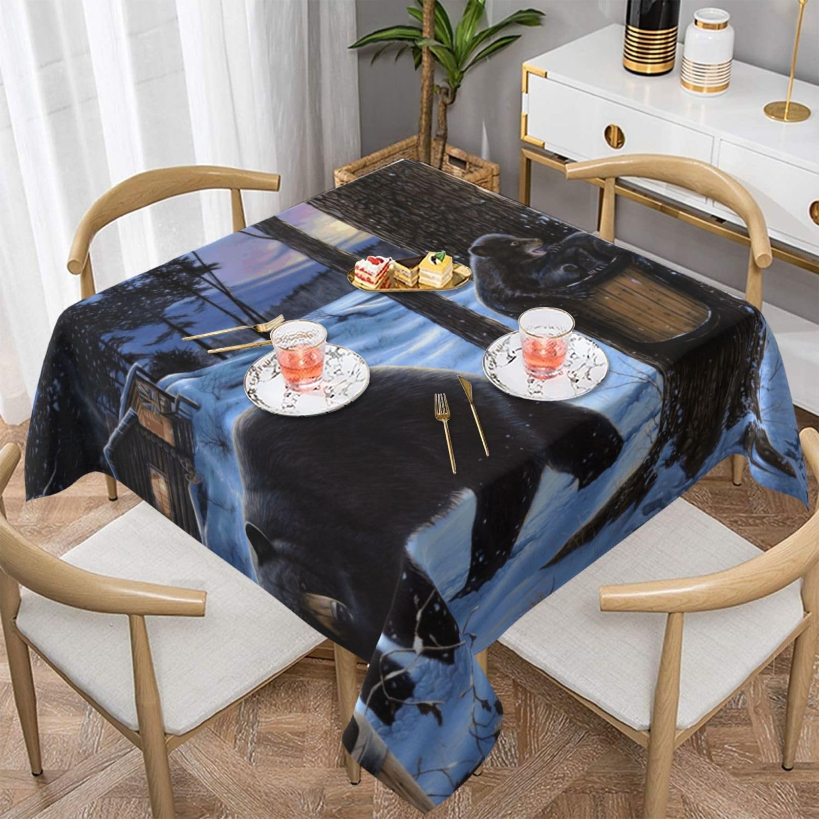 DCEHGEW Winter Bear Prints Square Tablecloth 137x137 CM, Waterproof Fabric Table Cloth for Dining Table, Farmhouse Table Cover for Kitchen Dining Tabletop Decoration