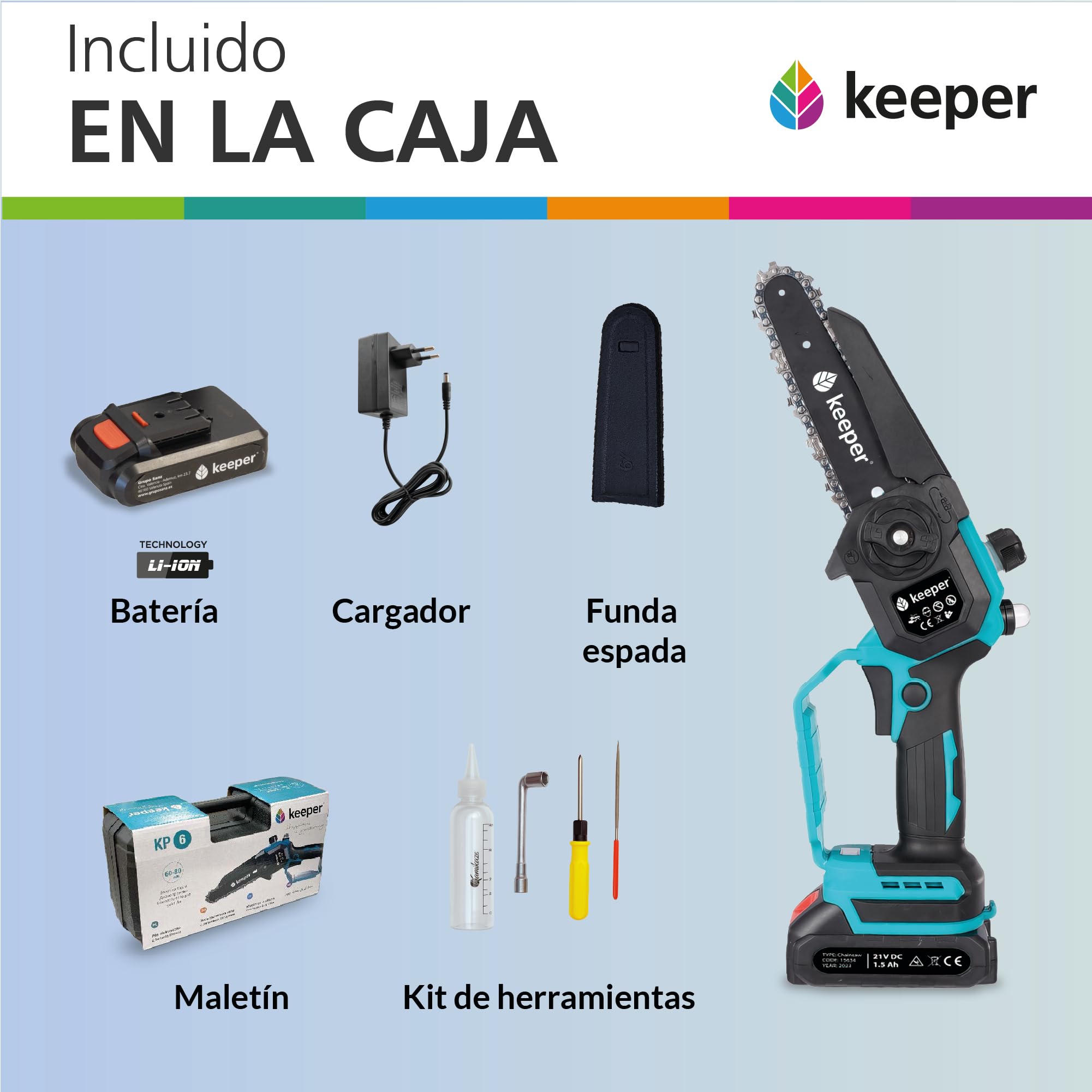 KEEPER Mini Motosierra Batería de Poda KP6. 18V, 6 pulgadas,300W. Recargable. Motosierra Eléctrica Bateria Inalámbrica. Corte de madera de Ø 80. Poda Arboles Frutales. Incluye Maletín y Batería