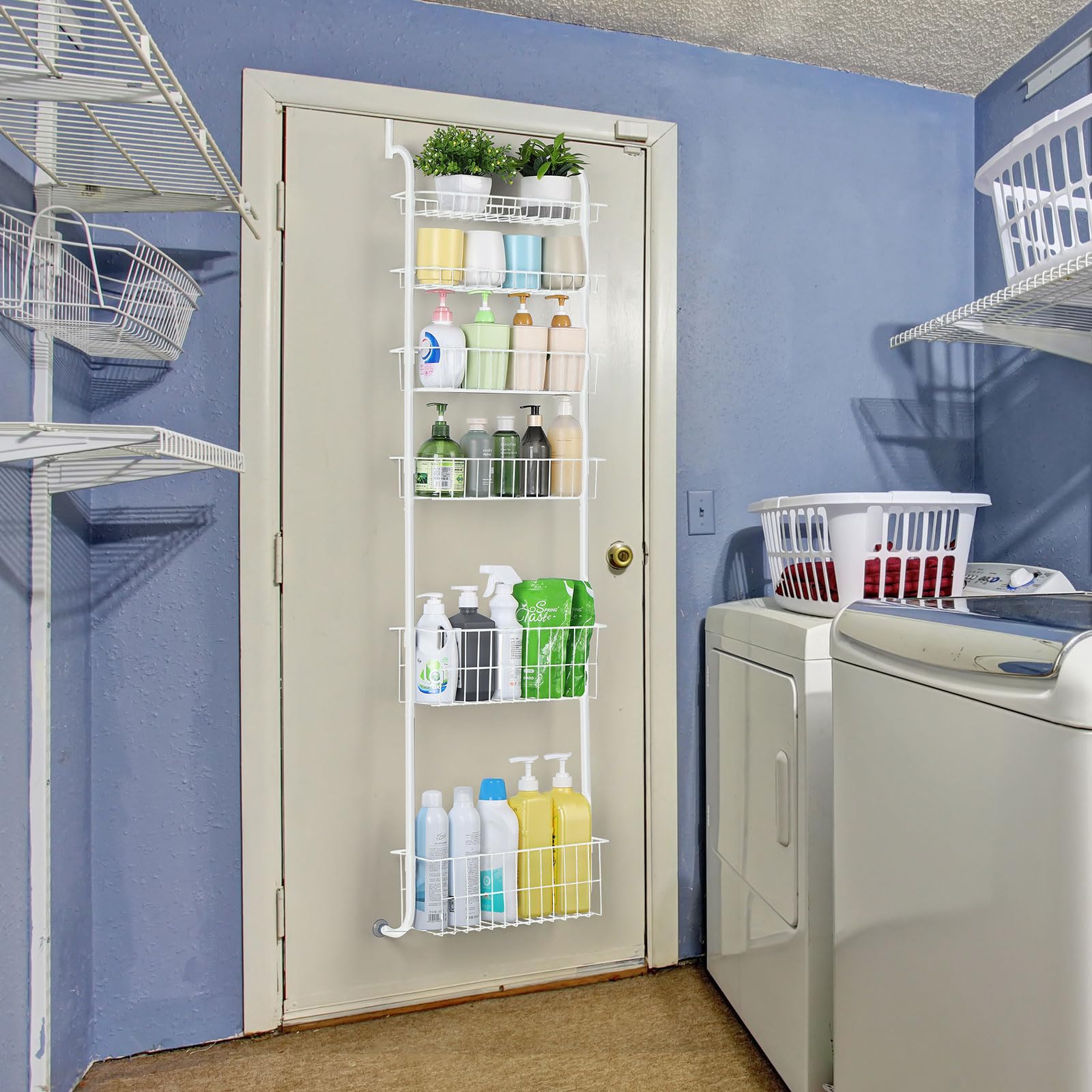 melos 6-Tier Over The Door Pantry Organizer Rack, Over The Door Hanging Spice Rack with 6 Baskets, Heavy-Duty Metal Back of Door Shelf Organizer, for Kitchen, Closet, Bathroom, 15in,White