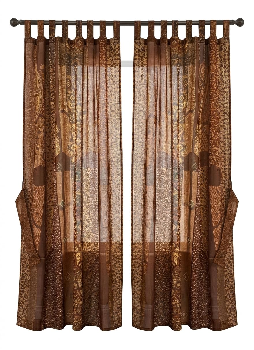 AFFERTO Home Decorative Silk Sari Curtains Unique Patchwork Design Light Filtering Window Panels for Living Room and Bedroom 84-inch Length (Brown)