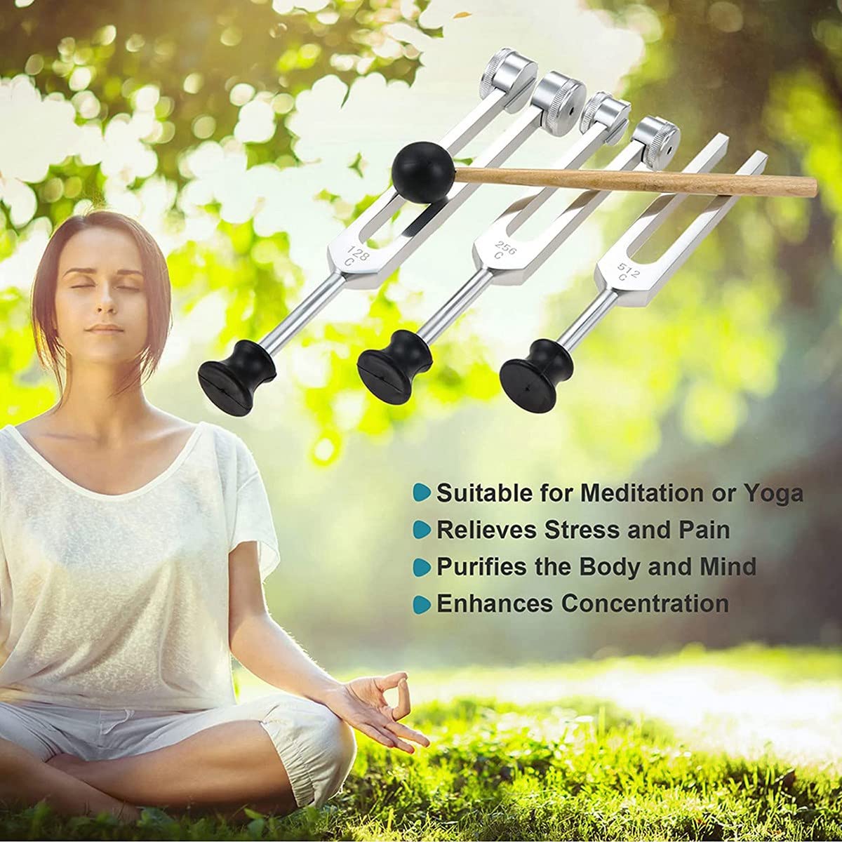 Juego de 4 diapasones (128 Hz, 256 Hz, 512 Hz), con martillo diapasón para música, yoga y meditación, color plateado