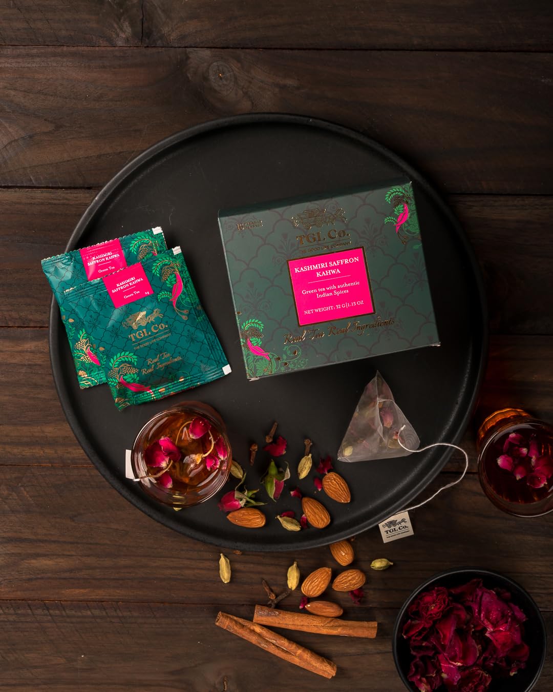 TGL Co. The Good Life Company Kashmiri Kahwa Green Tea Bags | 32 Bags with Green Tea, Cinnamon, Cardamom, Cloves, Rose Petals, Almonds & Saffron | Desi Kahwa Blend