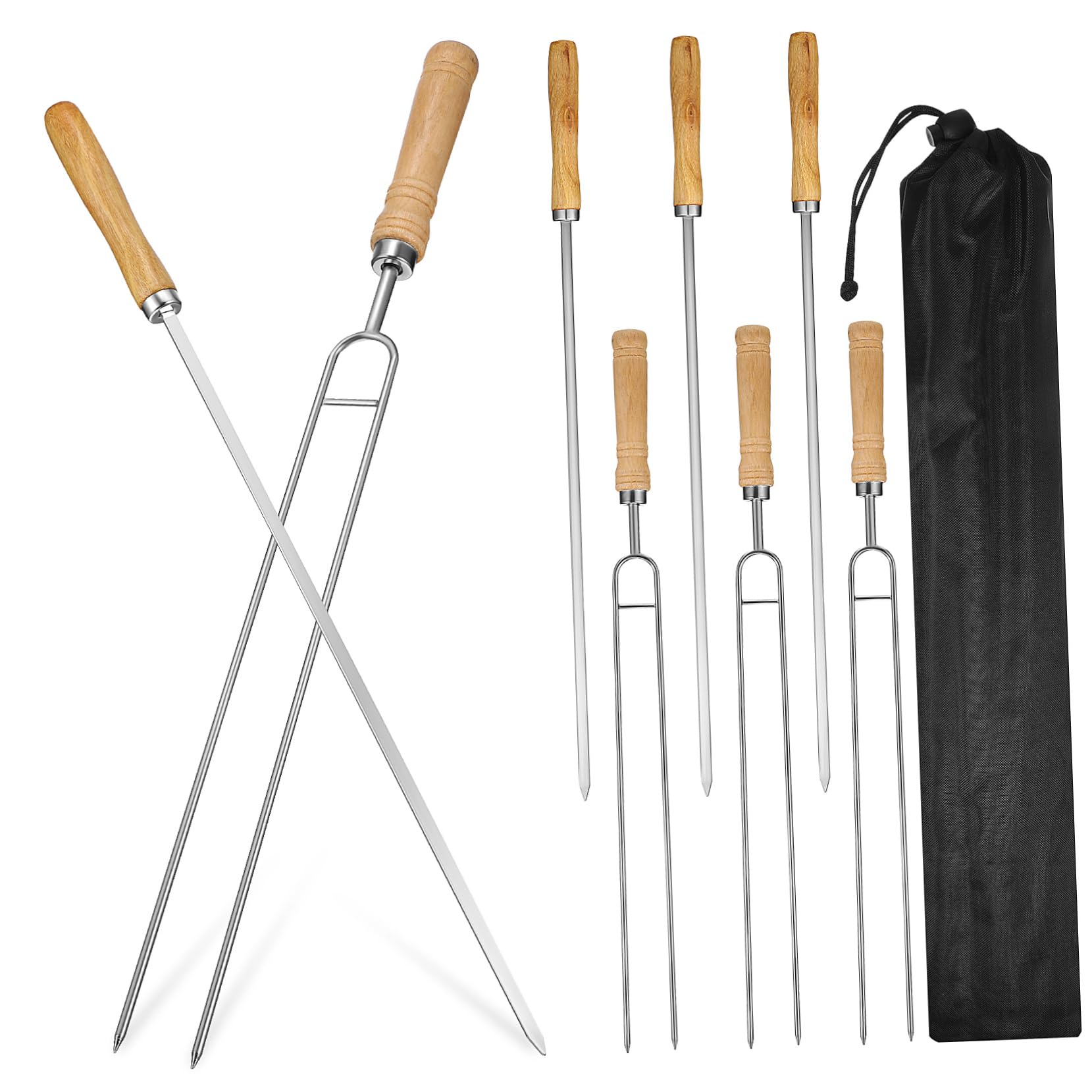 8 Pezzi Spiedini Bbq in Inossidabile con in Legno Forchette Doppie e Singole per Grigliate Outdoor Sicura per Mani Protette Accessori Essenziali per Picnic e Colore