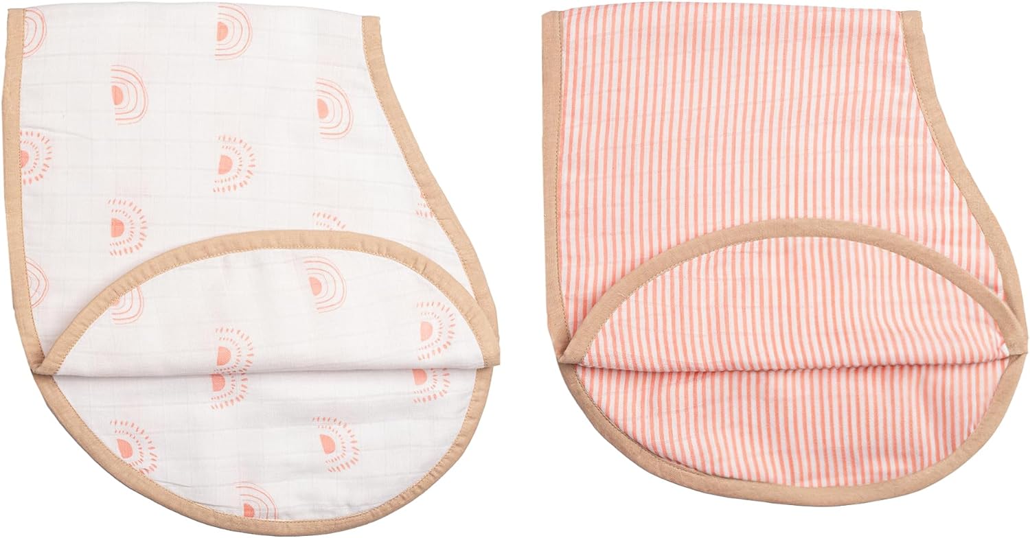 Organic Muslin Burp Cloth and Bib Set for Babies, Soft and Absorbent Reusable Cloths, Large Size for Feeding and Teething – Pack of 2, Rainbow Design