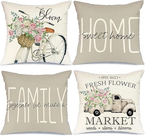 GEEORY Juego de 4 fundas de almohada de 18 x 18 pulgadas hojas de eucalipto flores frescas blancas para bicicleta camión hogar decoración de