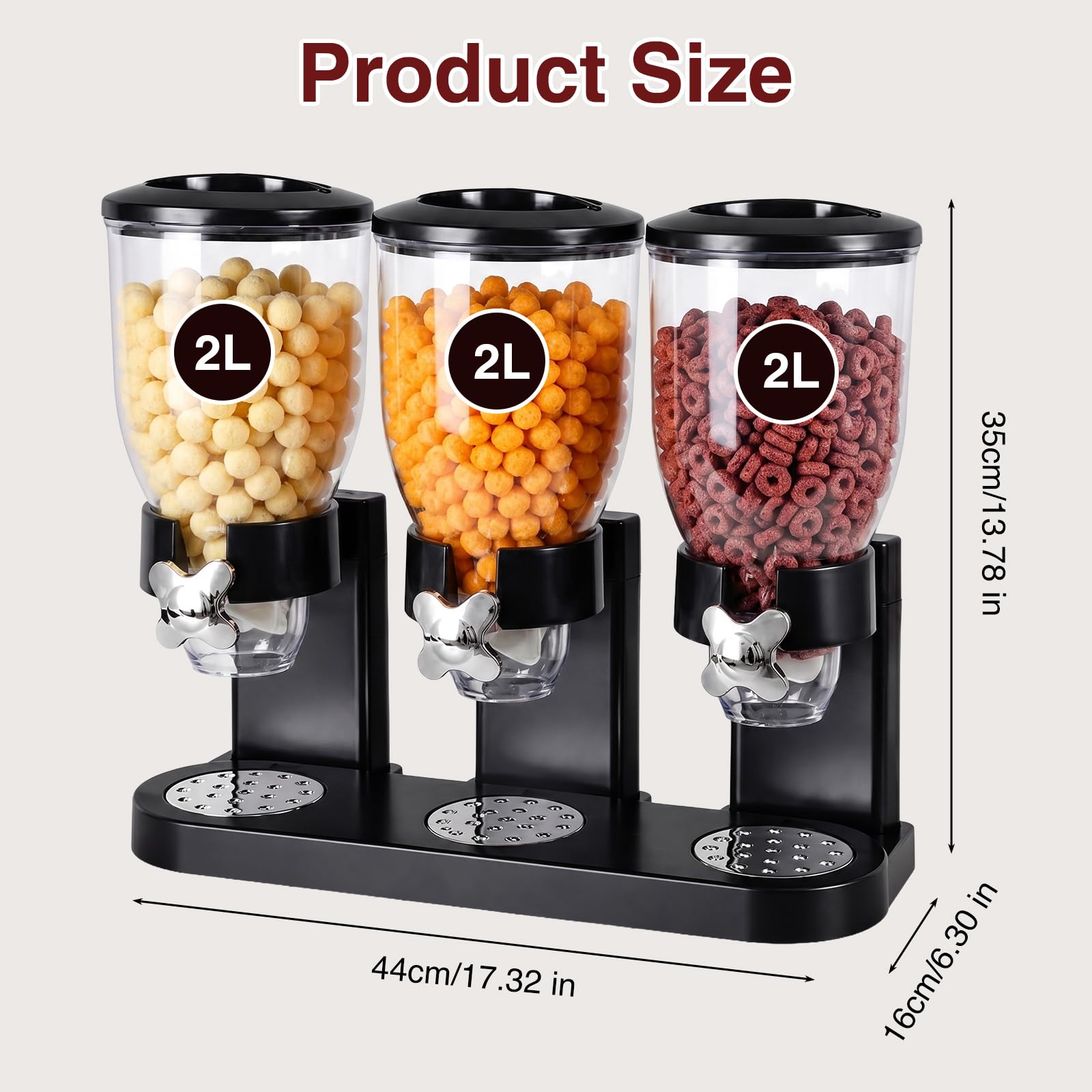 Cereal Dispenser Countertop 2L, Dreifacher Müslispender, Luftdichte Vorratsdosen mit Drehverschluss, Transparente Trockenkost-Spender Behälter für Müsli, Reis, Süßigkeiten, Kaffebohnen, Schwarz