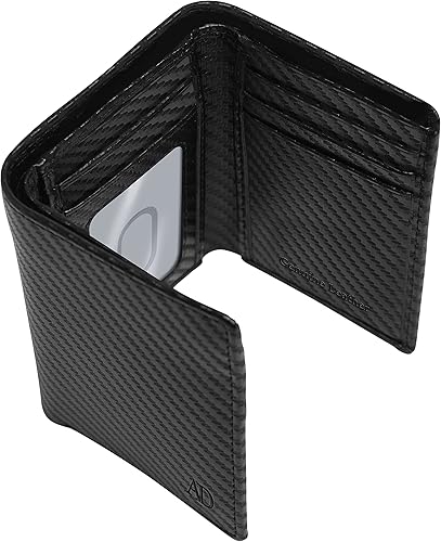 Miniatura 6 de Billetera de triple pliegue con RFID cuero genuino delgado con ventana de identificación bolsillo frontal regalo para hombre