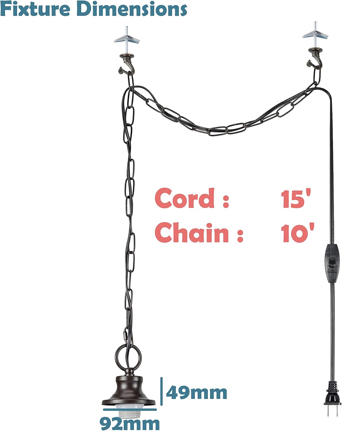 Aspen Creative 21051-11, Indoor Swag Kit, 15' SPT-2 Black Wire w/ In-Line Switch & 10' Steel Chain. Socket Cup: 3-1/2" W x 1-15/16" H. Suitable: 16" D. To 18"D. Pendant Shade. Oil Rubbed Bronze.1 Pack