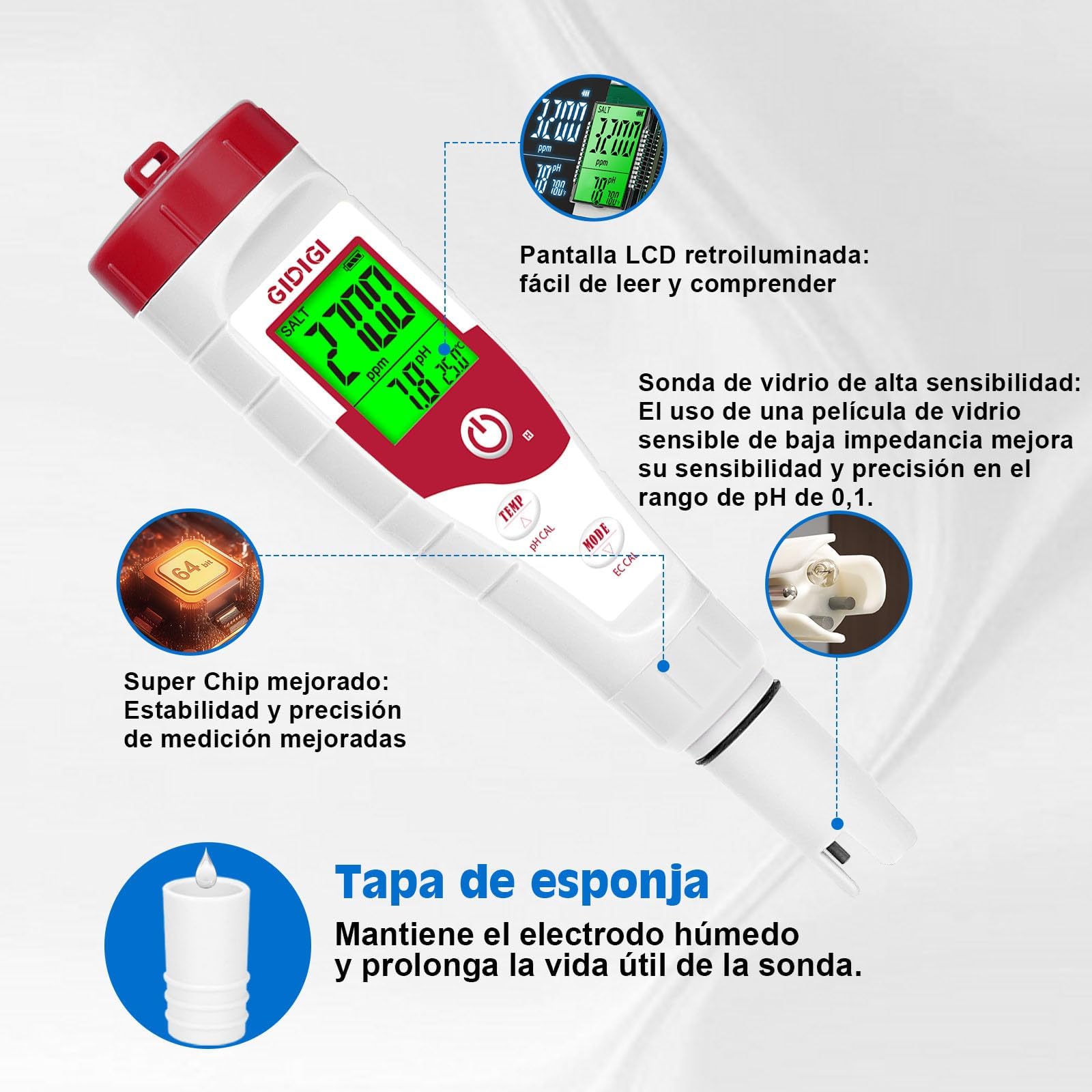 Medidor Salinidad Piscina, 5 en 1 Comprobador pH Sal EC TDS y Temp, con Solución de Calibración 12.88mS/cm, Kit Analizador Piscina Agua Salada para Piscinas, Acuarios, Hidroponía y Agua Potable