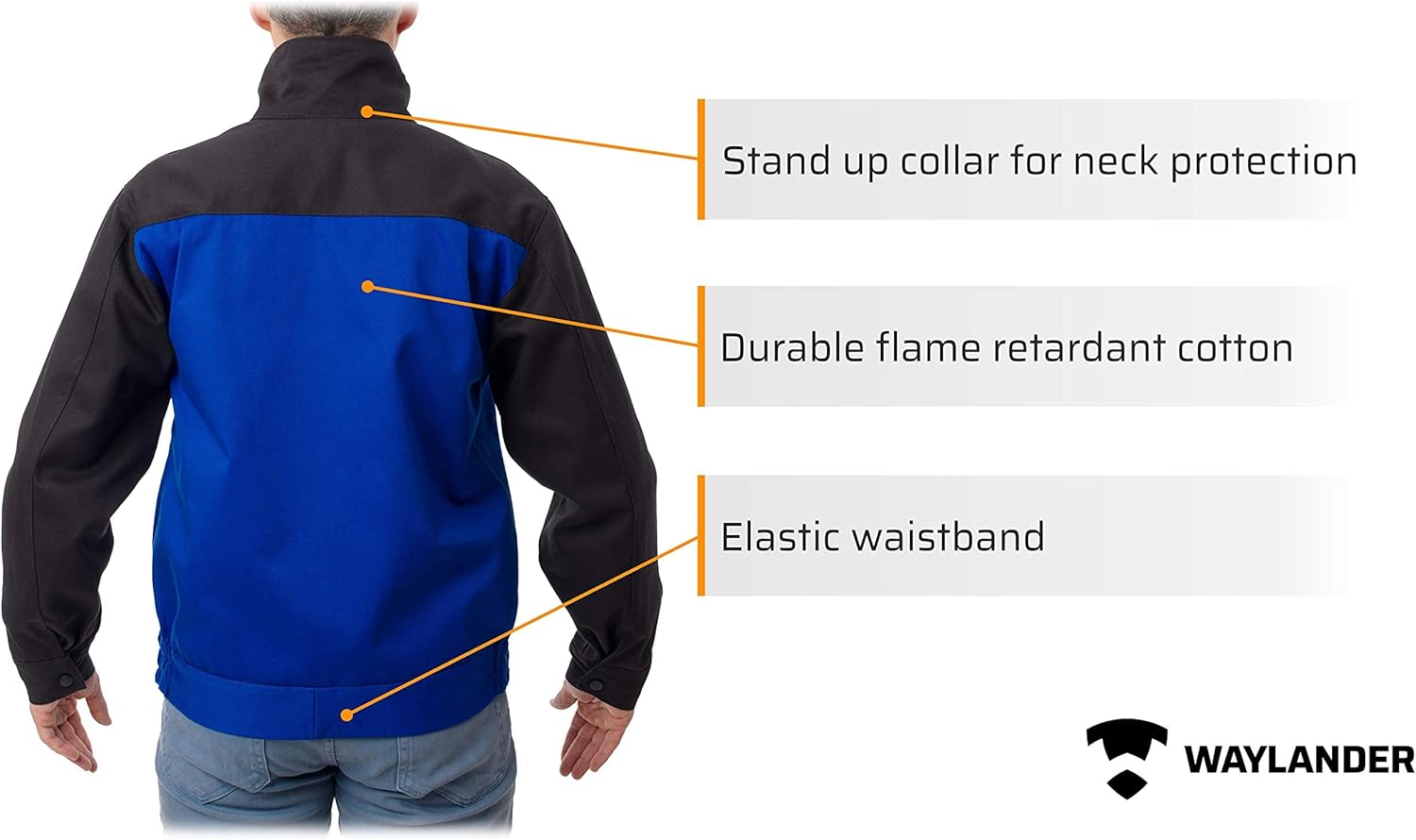 Waylander Flame Resistant FR Cotton Welding Jacket with Snap Button Front and Wrist Closures - Black/Blue (XXX-LARGE)