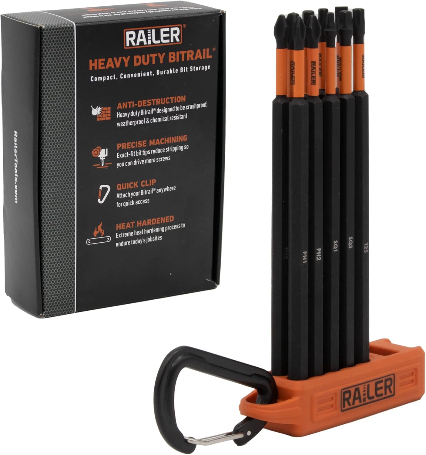 Railer 6 Inch Screwdriver Bit Set - Premium S2 Steel 6" Phillips, Square, Torx & Hex Impact Driver 10pc Bit Set With A Storage Magnetizer Bit Holder & Carabiner