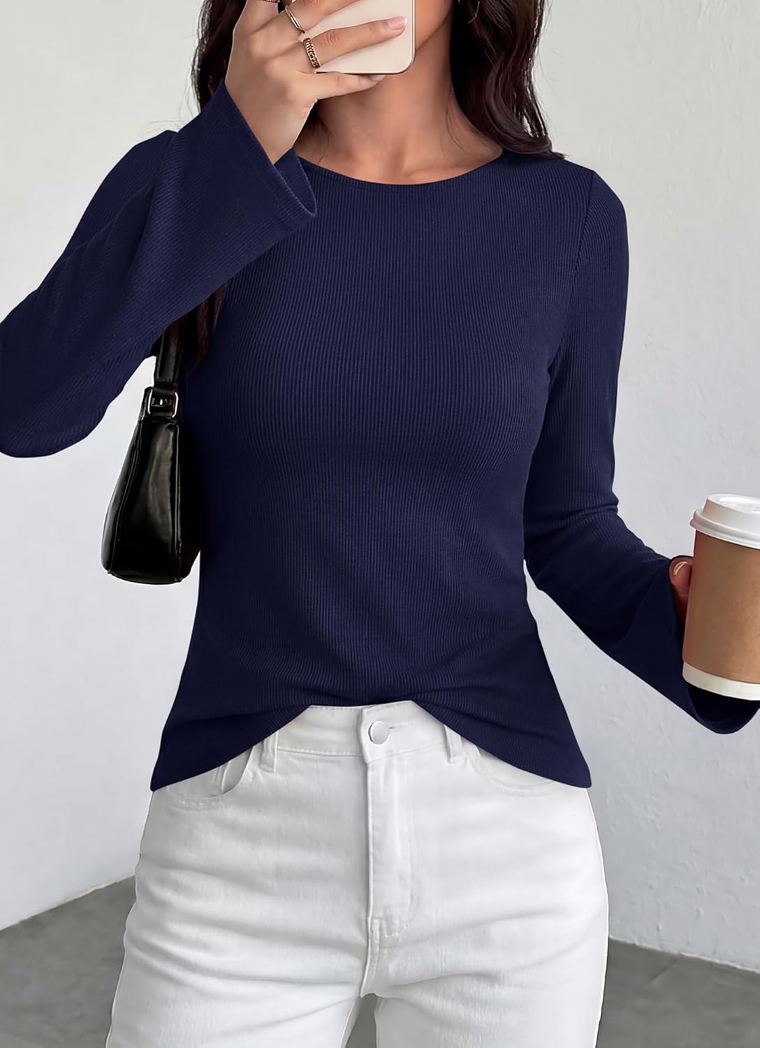 BTFBM Long Sleeve Shirts for Women 2026 Spring Y2K Clothes Casual Boat Neck Bell Sleeve Fitted Fall Going Out Tops - Image 4