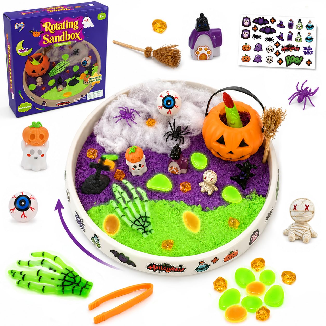 Carolart Halloween Sensory Bin Rotating Sandbox with Glow Sand Kit — rotating tray with lid, glow-in-the-dark sand, ghost, pumpkins and spooky figures