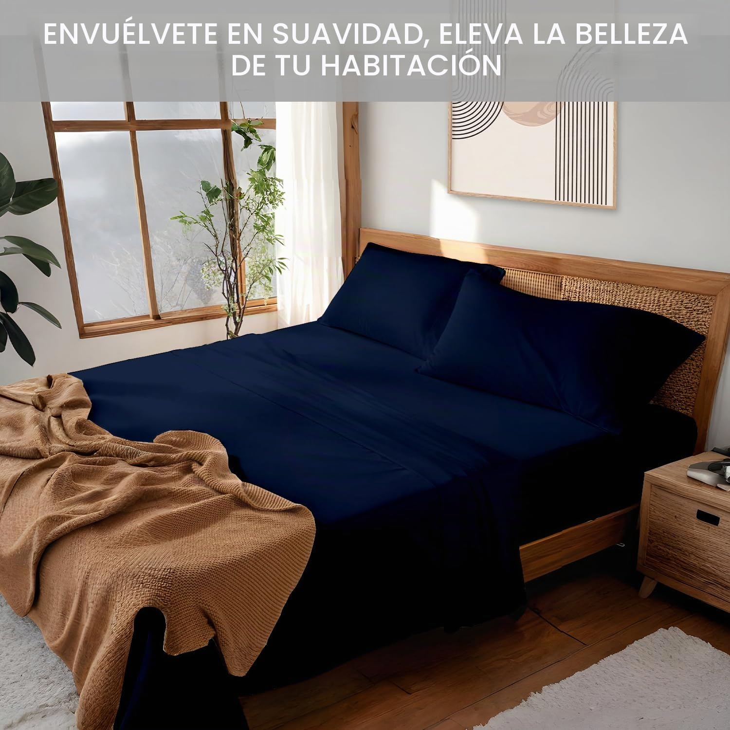 Juego de sábanas 150x190/200 cm azul claro, satén 100% algodón largo 600 hilos, incluye sábana encimera, ajustable, 2 fundas y bolsillo profundo de 32 cm.