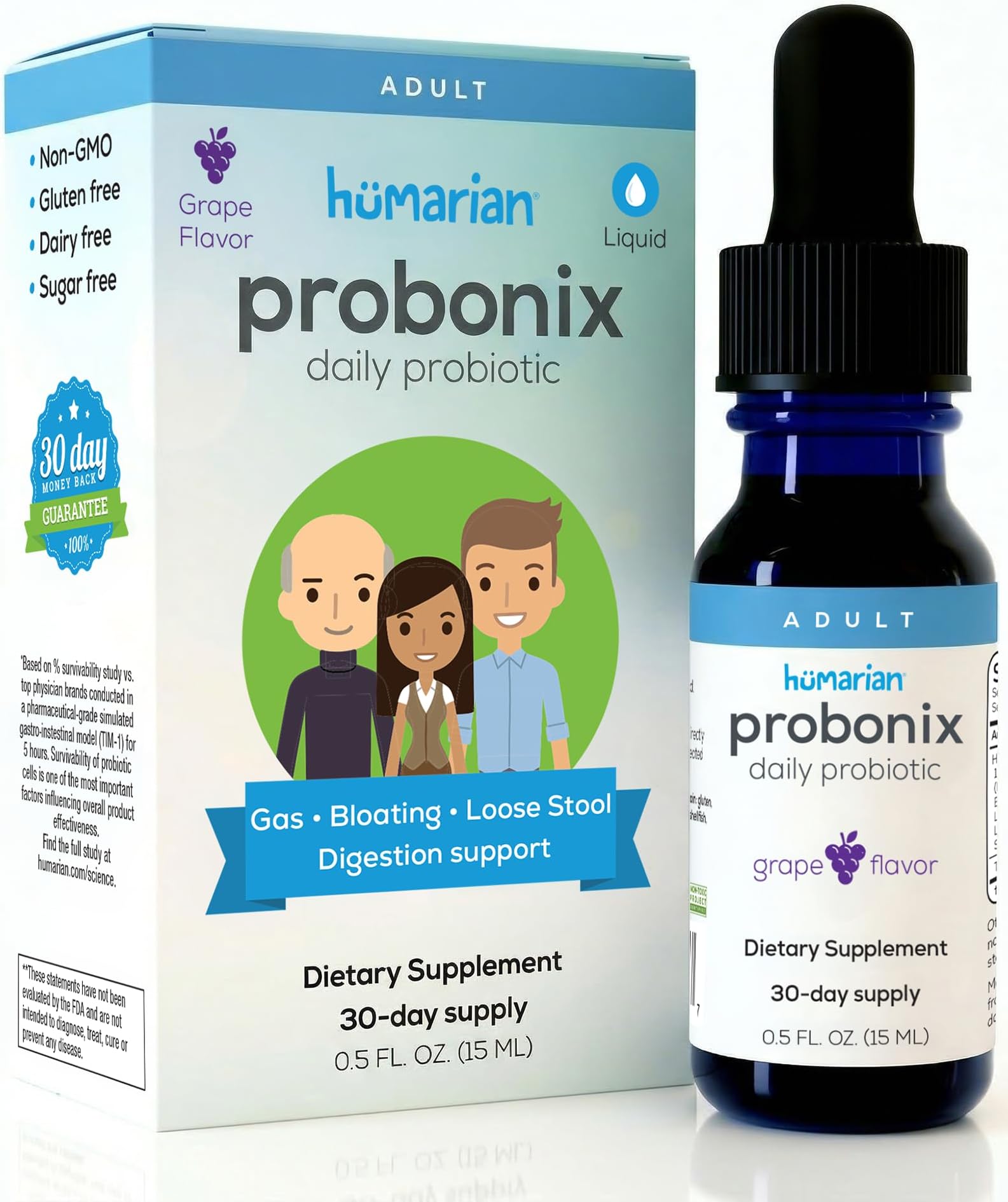 Probonix Humarian Liquid Probiotics for Adults - 12-Strain Probiotic Drops to Fortify Gut Health, Immunity and More - 30-Day Supply - Delicious Grape Flavor