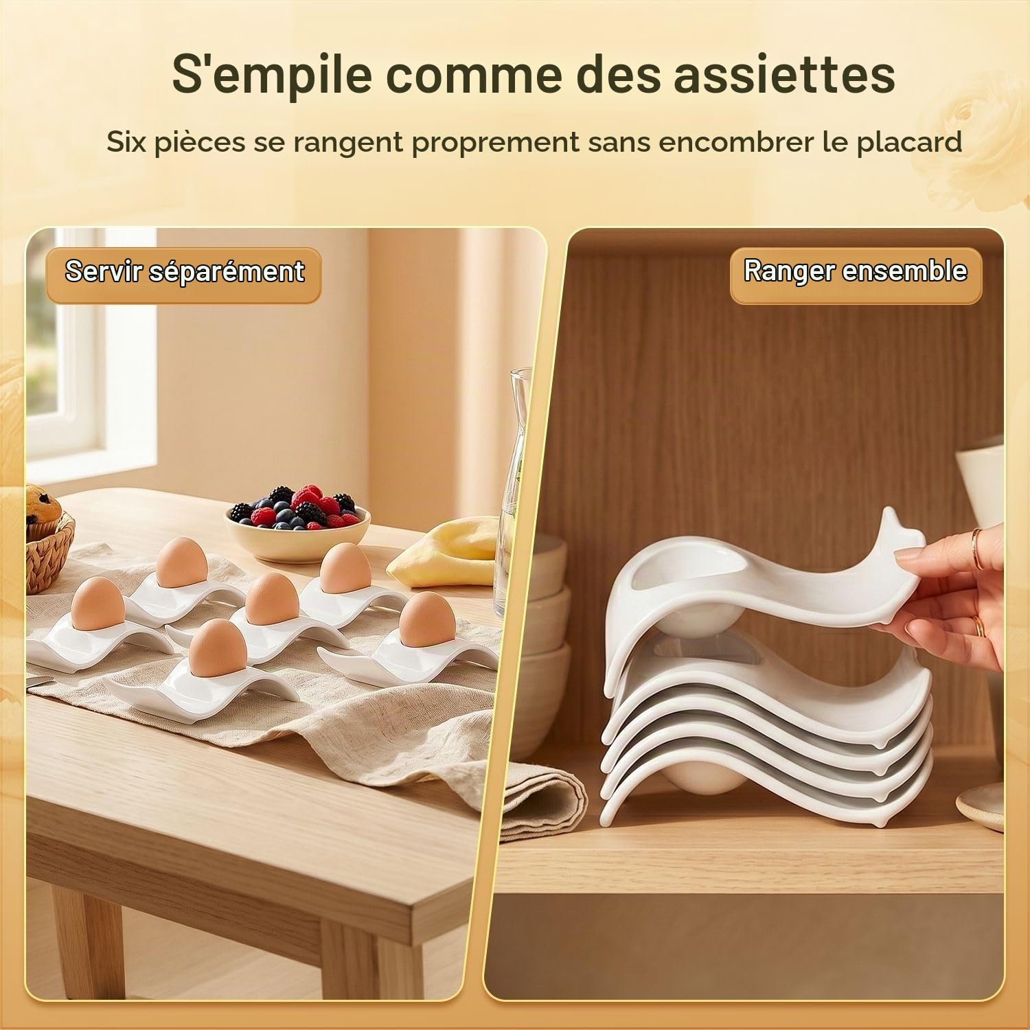 Flexzion Coquetiers pour œufs à la coque - Lot de 6 en céramique - Coquetiers empilables avec socle pour service, petit-déjeuner, brunch - Décor de table, Vagues