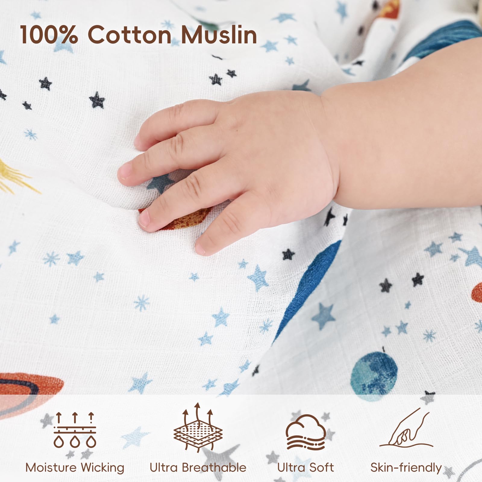 david's kids Paquete de 4 mantas de muselina para bebé, 100 % algodón, para niños y niñas, manta de recepción ultra suave y transpirable, esencial para recién nacidos, espacio y estrellas