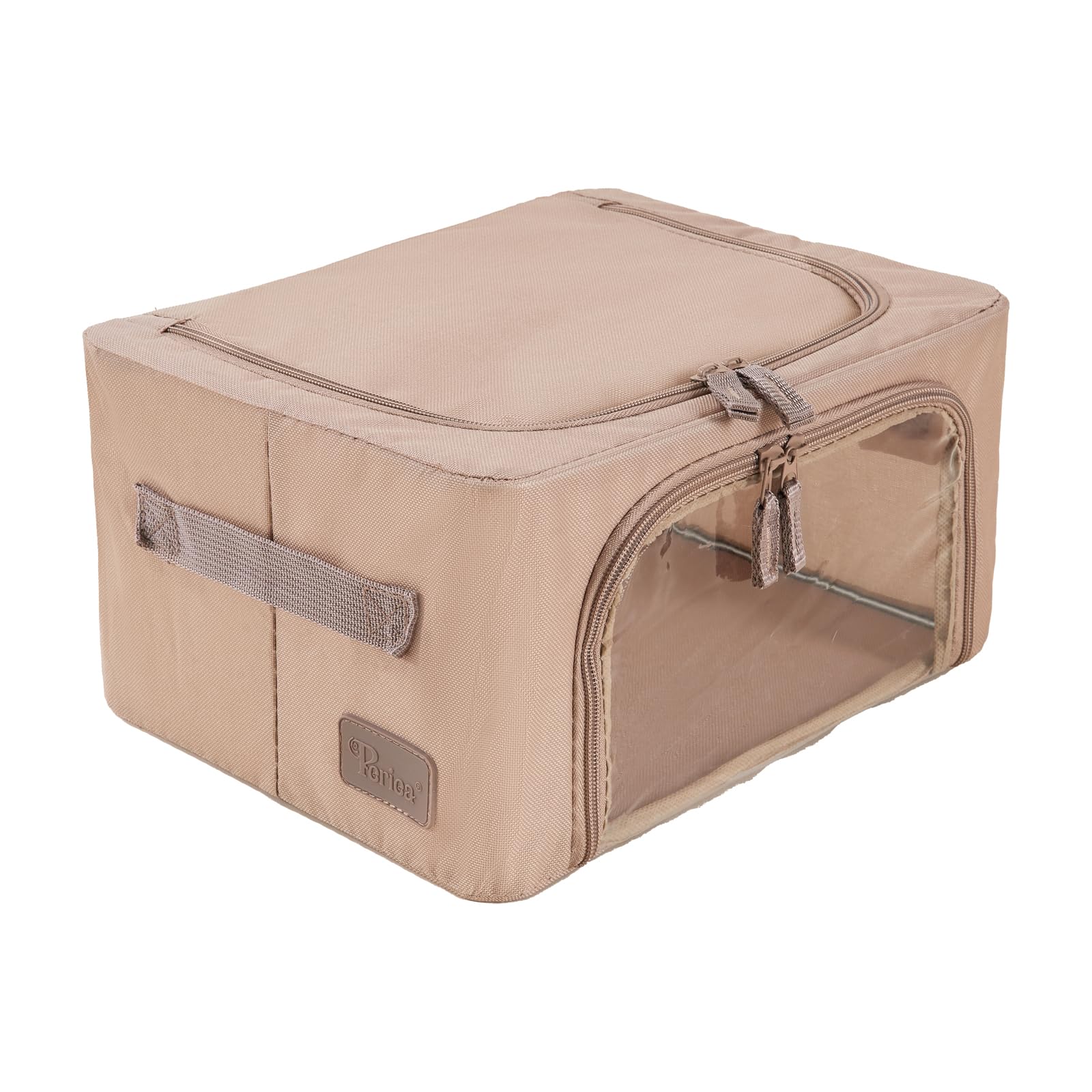 Periea ‘Beau’ Folding Collapsible Stackable Fabric Home Storage Boxes with Steel Frames (Camel, Compact)