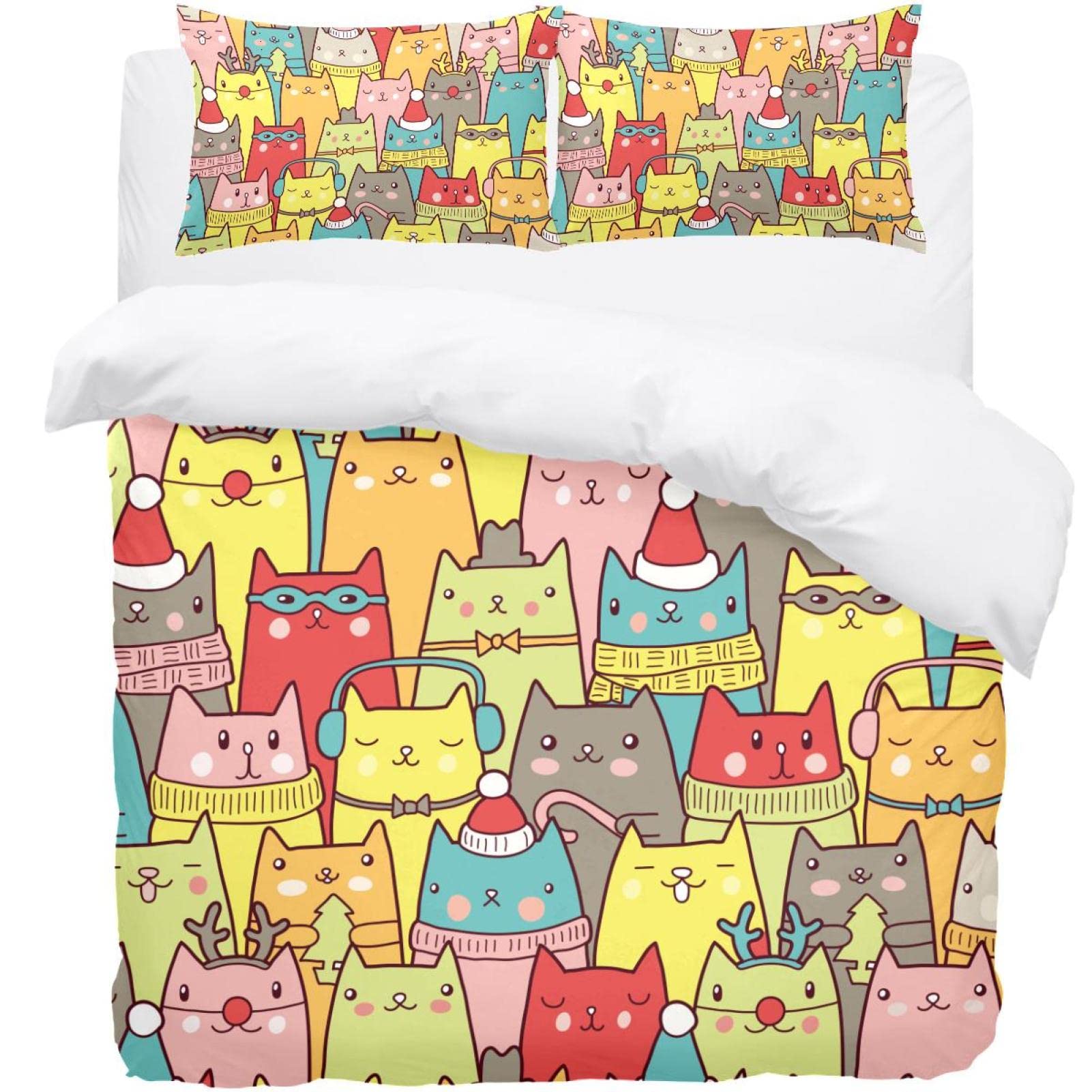 Housse de couette et 2 taies d'oreiller motif chats pour harmoniser facilement un lit dépareillé