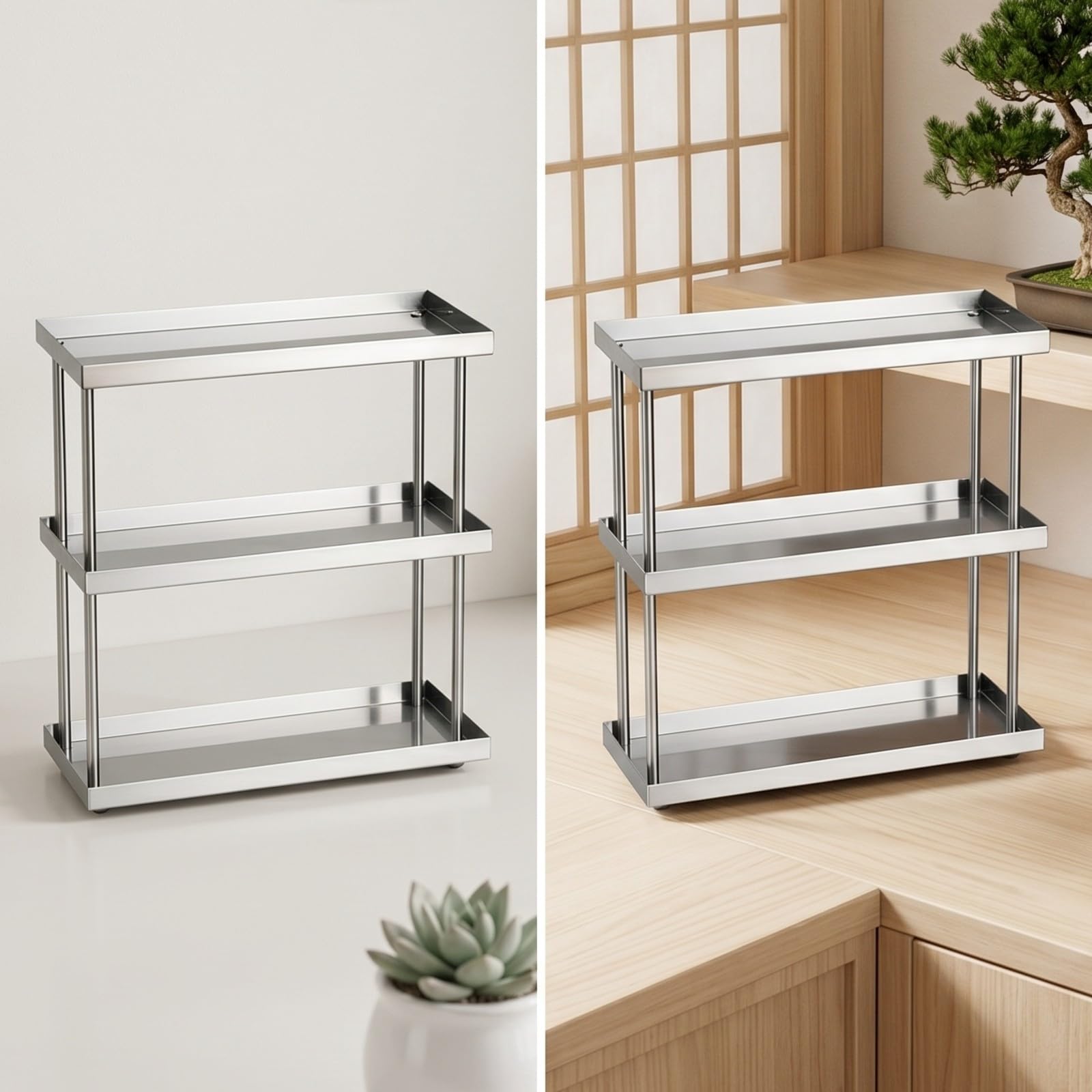 Estante Mesa con Banjas Multifuncional Organizador Acero Inoxidable Morno Repisa para Cocina, Tocador, 2