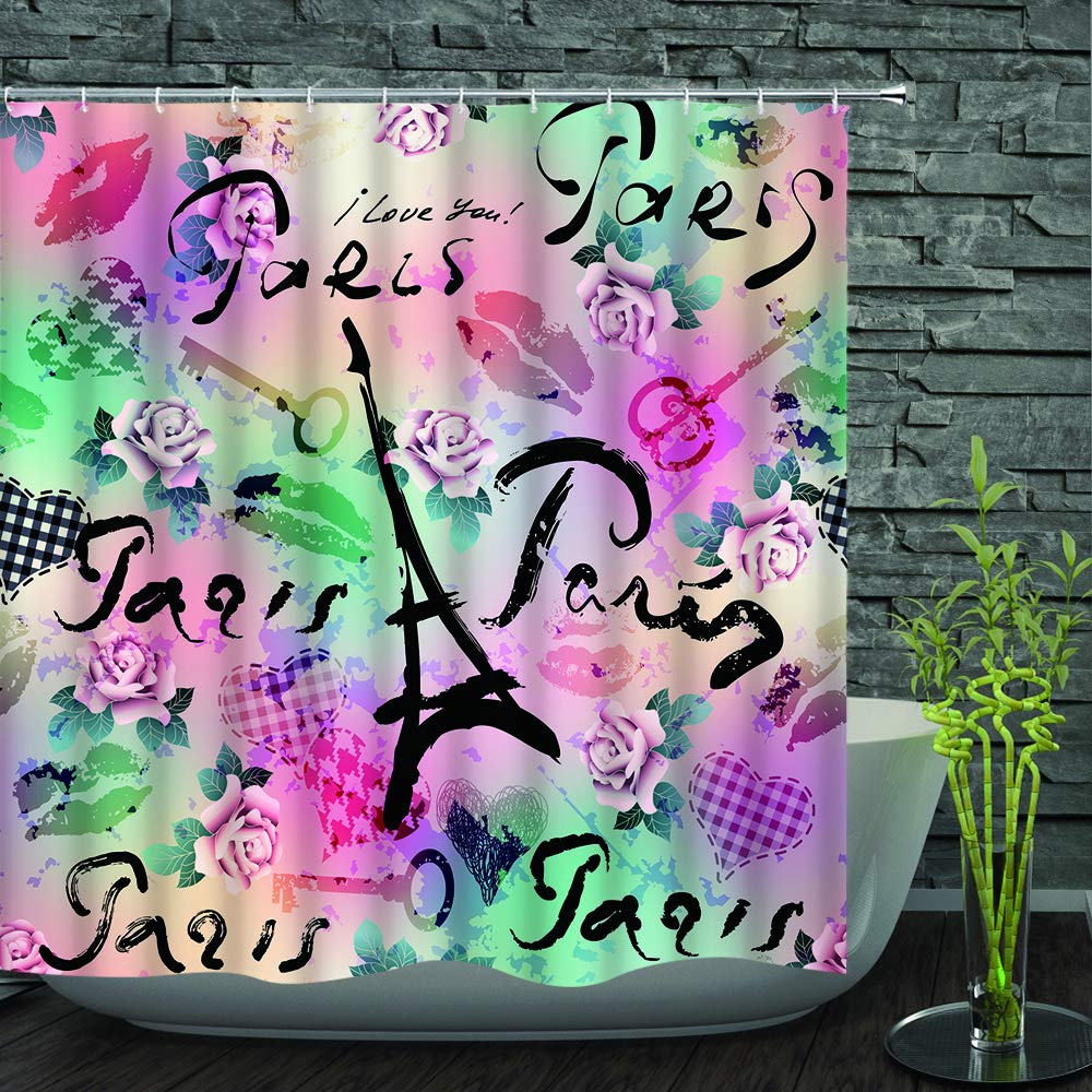 Creative Letter Rose Flower Eiffel Tower Illustration Background Decoration Modern Shower Curtain Sets for Bathroom Fabric Machine Washable Digital Printing Decor with 12 Hooks, 72 x 72 Inches